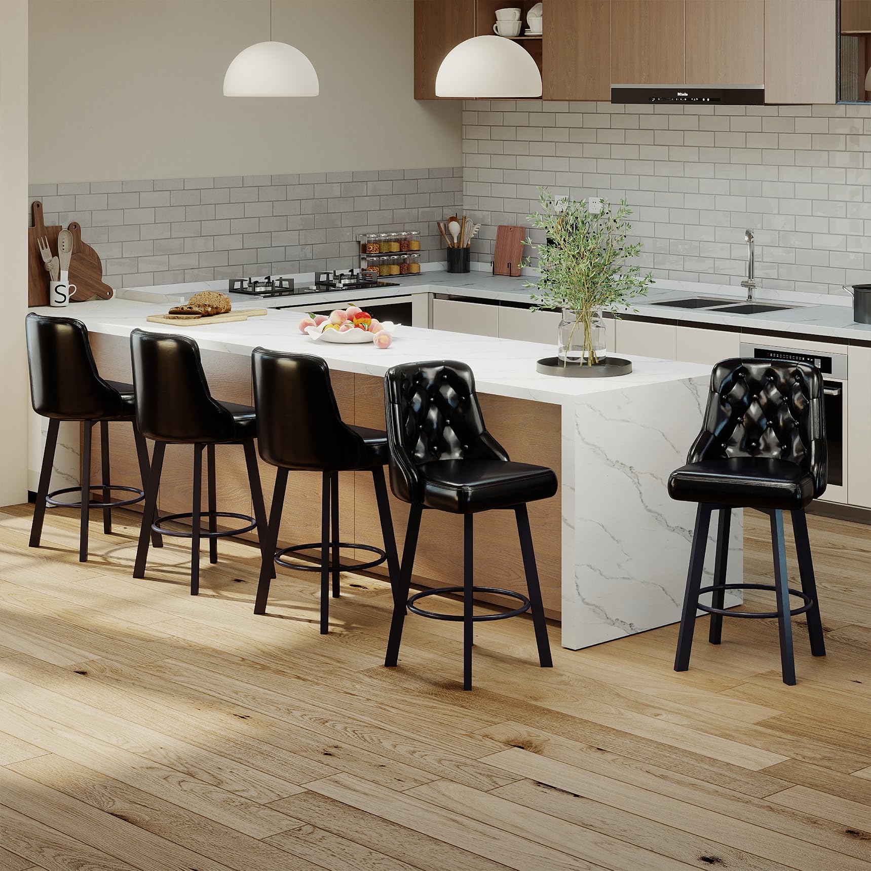 Youhauchair Bar Stools Set of 3, 26" Tufted Modern Counter Height Barstools with Back & Footrest & Metal Leg, Faux Leather Upholstered Bar Chair for Kitchen Island, Dining Room, Pub, Cafe, Black