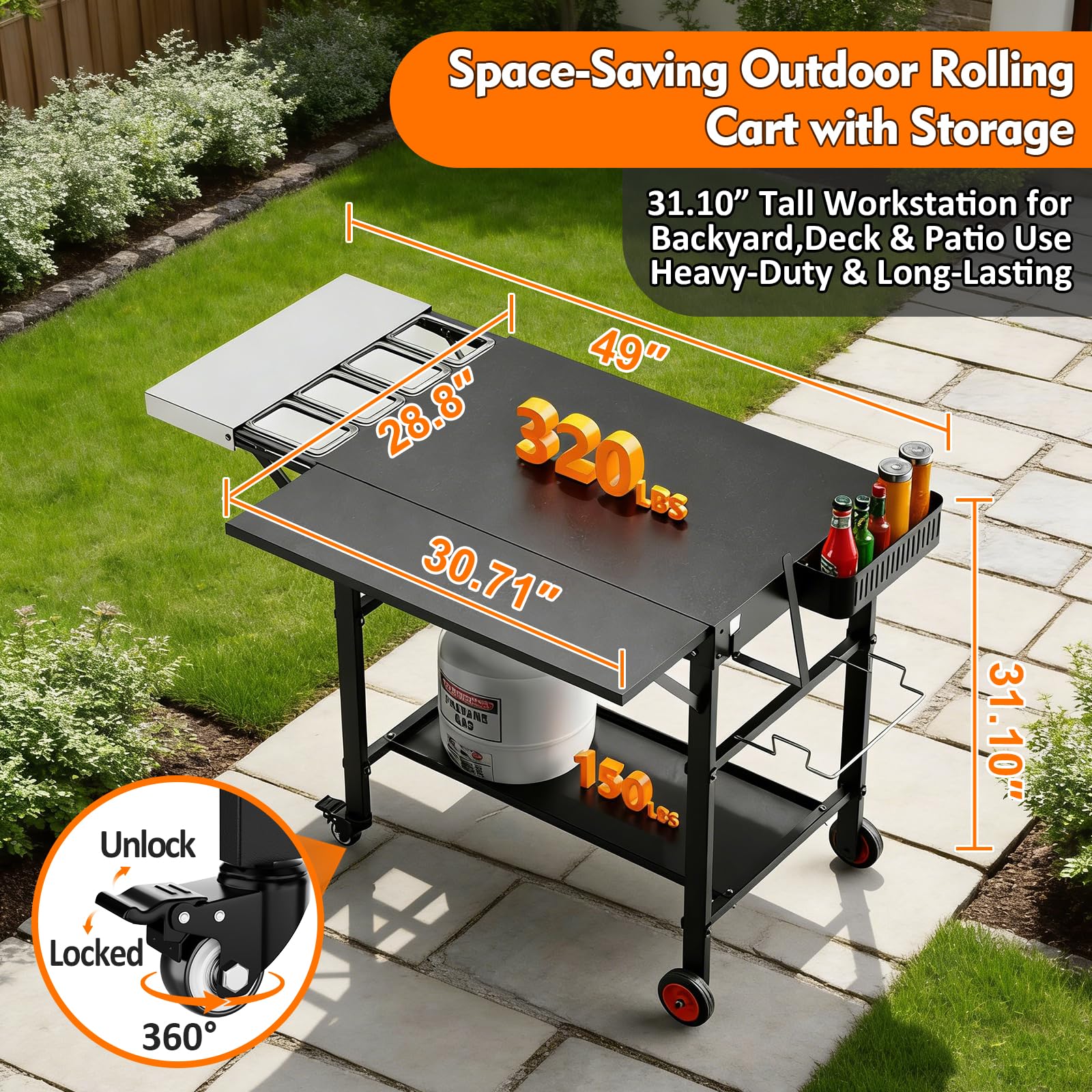 Outdoor Grill Cart for Pizza Oven, 28.8" Extra-Wide Pizza Oven Table, Heavy Duty Grill Cart with Pizza Topping Station, Grill Tables for Outside, Prep Station for Blackstone Griddle Accessories