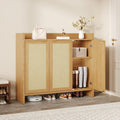 GarveeHome Rattan Shoe Storage Cabinet, Wooden Shoe Rack Organizer Cabinet with 3 Doors and Adjustable Shelves for Entryway Living Room Hallway, Dark Oak