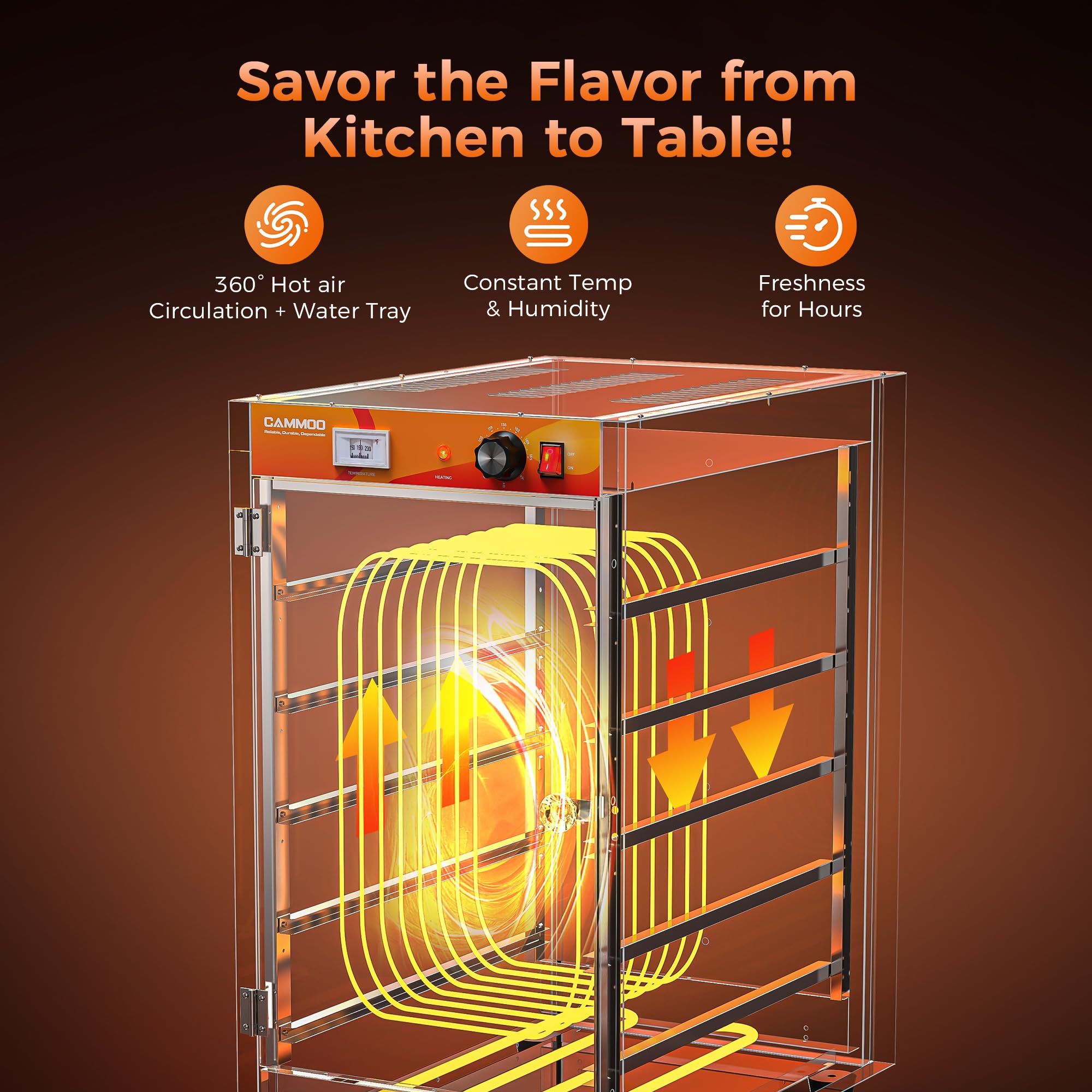 CAMMOO 133Qt 5-Tier 900W Commercial Food Warmer w/ 304 Blued Stainless Steel Heating Element, Single-Tempered Glass Door, Adjustable Shelf, Electric Catering Hot Box Countertop Heated Holding Cabinet