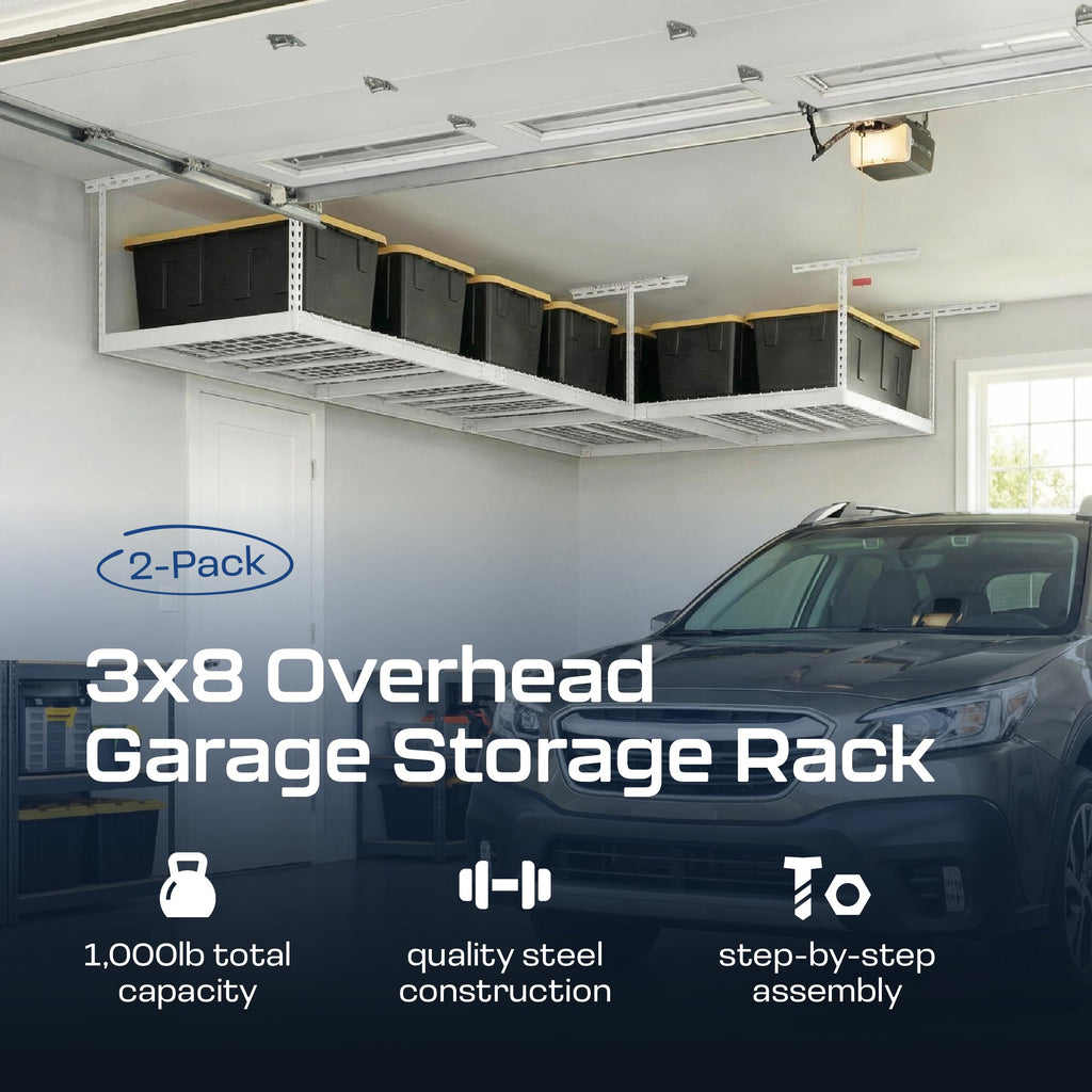 MonsterRax Overhead Garage Storage Racks 3x8’ (2-Pack) Ceiling Mounted Shelving, Adjustable Hanging Organizer, Heavy Duty Steel, Holds 500 Pounds, Color: White, Adjustable from 24"-45" off the Ceiling