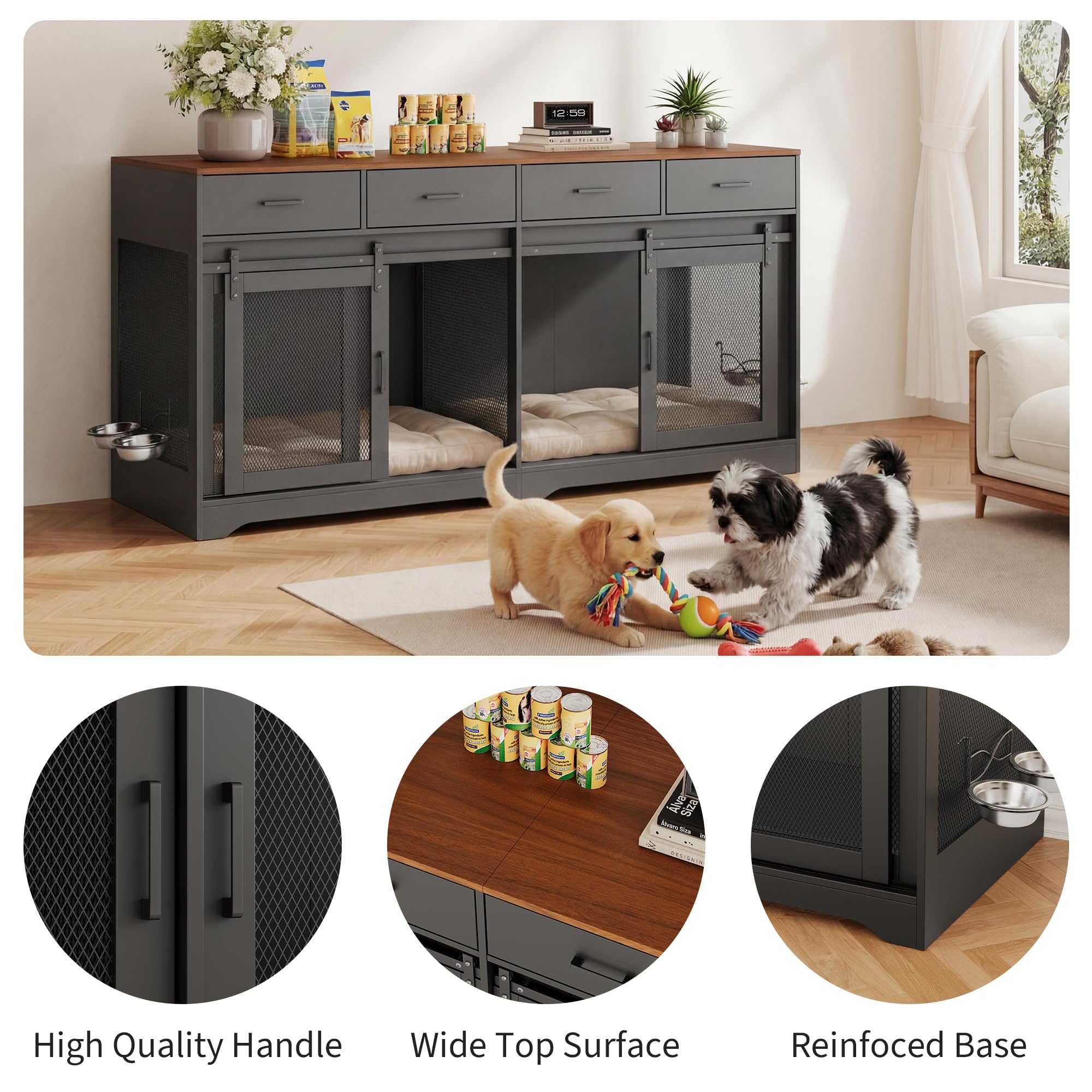 Garvee Double Dog Crate Furniture, 71'' Large Dog Crate Furniture for 2 Dogs with 4 Sliding Doors and 4 Drawers, Dog Kennel Furniture for Large Dogs Indoor with Feeding Bowls, Black