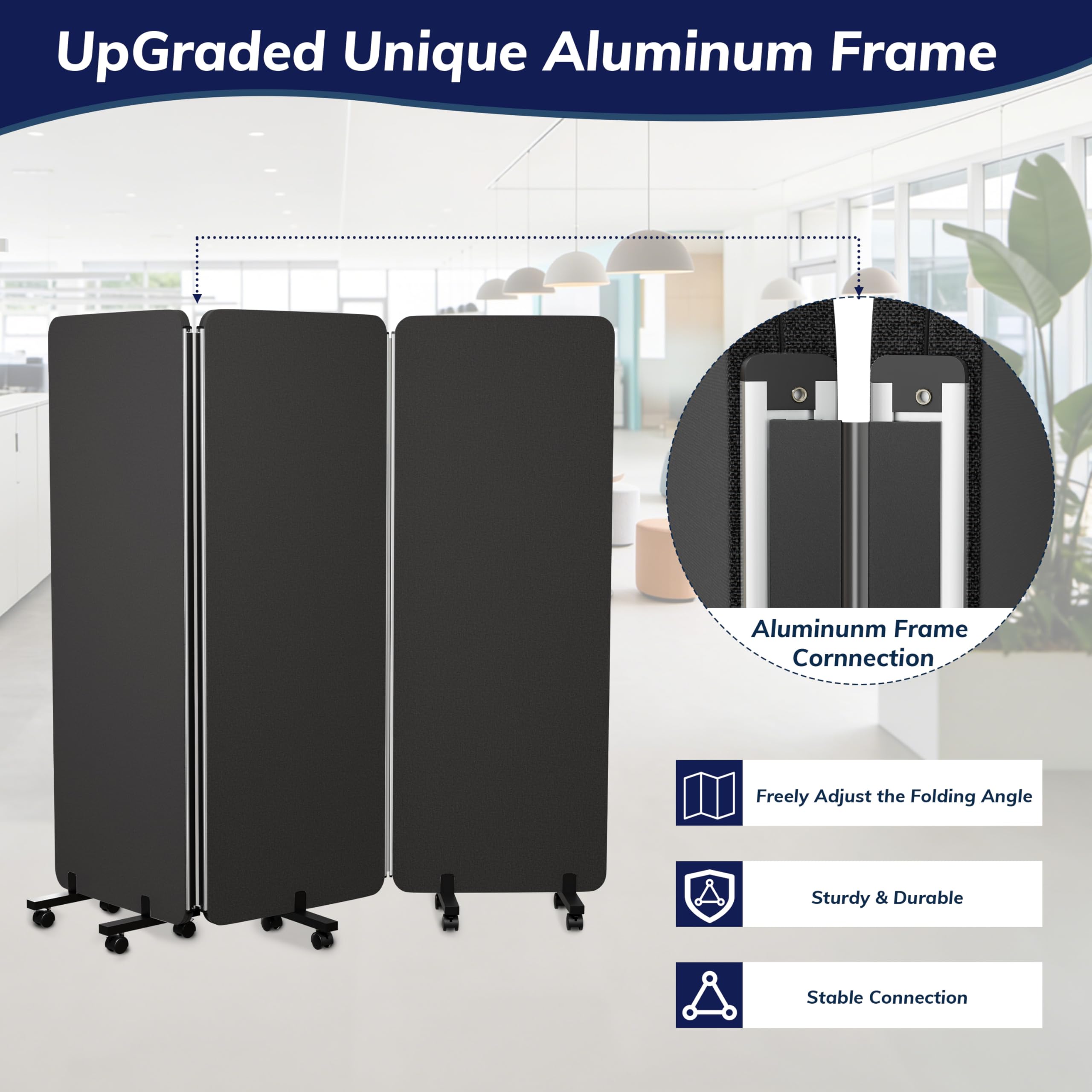 KERRAM 3 Panel Foldable Office Partitions, Mobile Cubicle Wall with Wheels, 71 x 66 Inch Noise Cancelling & Sound Proof Room Dividers Partition Wall, Aluminum Frame Dark Gray