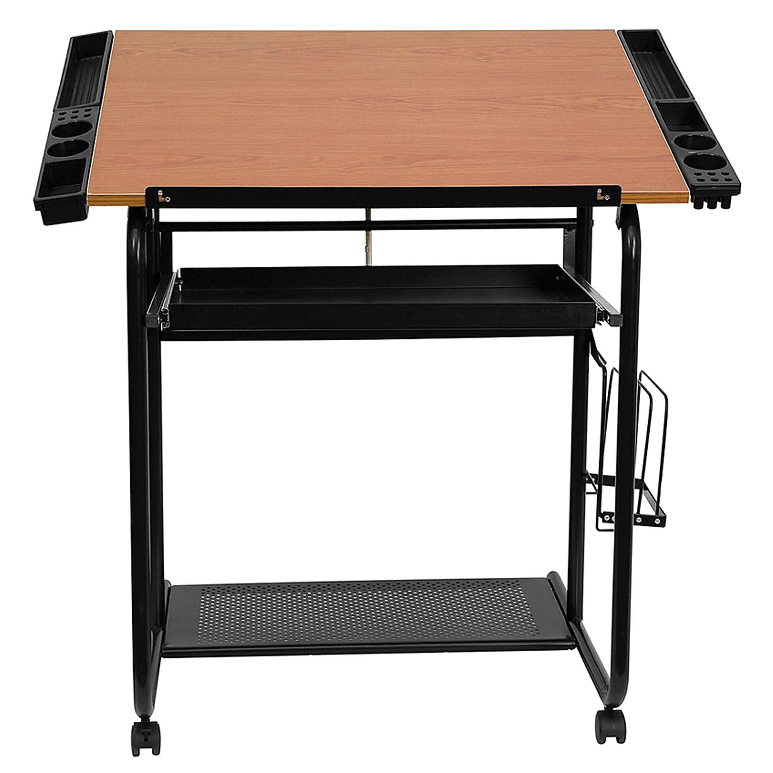 Flash Furniture Swanson Adjustable Drawing and Drafting Table with Black Frame and Dual Wheel Casters, Cherry