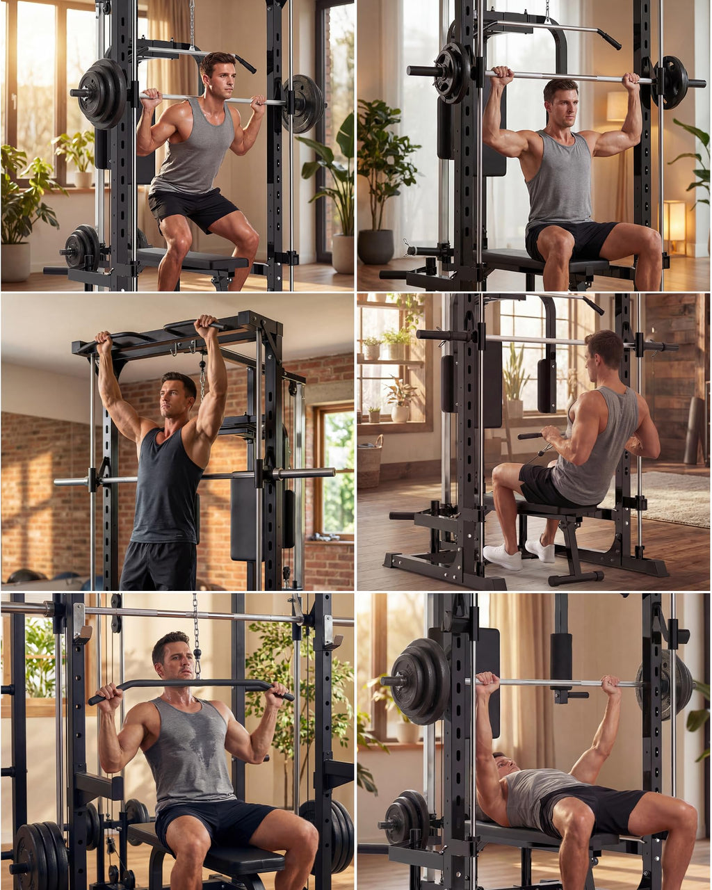 Garvee Smith Machine Home Gym, 1000 LB Power Cage Squat Rack with LAT Pulldown System, Chest Station & More Training Attachment, Multi-Functional Fitness Equipment for Full-Body Training, Black