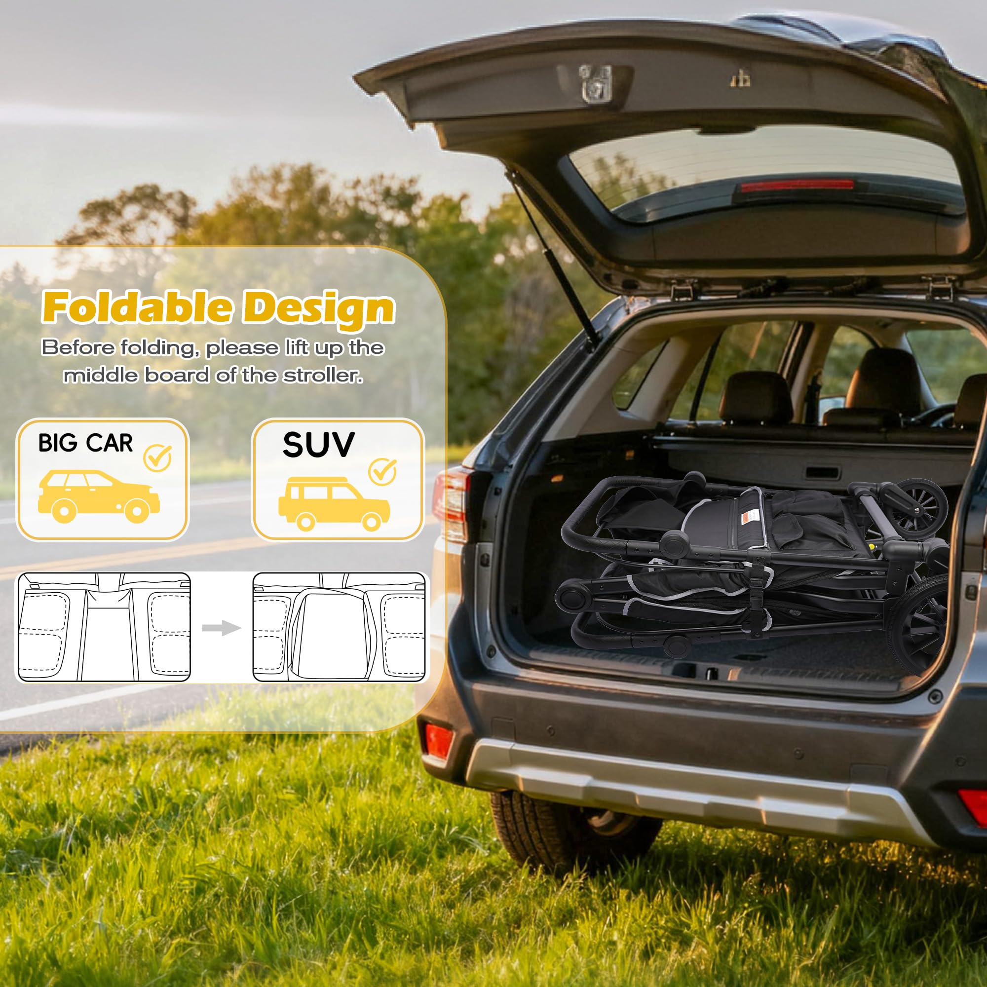Xilingol 4-Seater Wagon Stroller for Kids, Foldable Outdoor Wagon with Canopy, Adjustable Handle, 5-Point Harness, Detachable Tray & Carry Bag (Black)