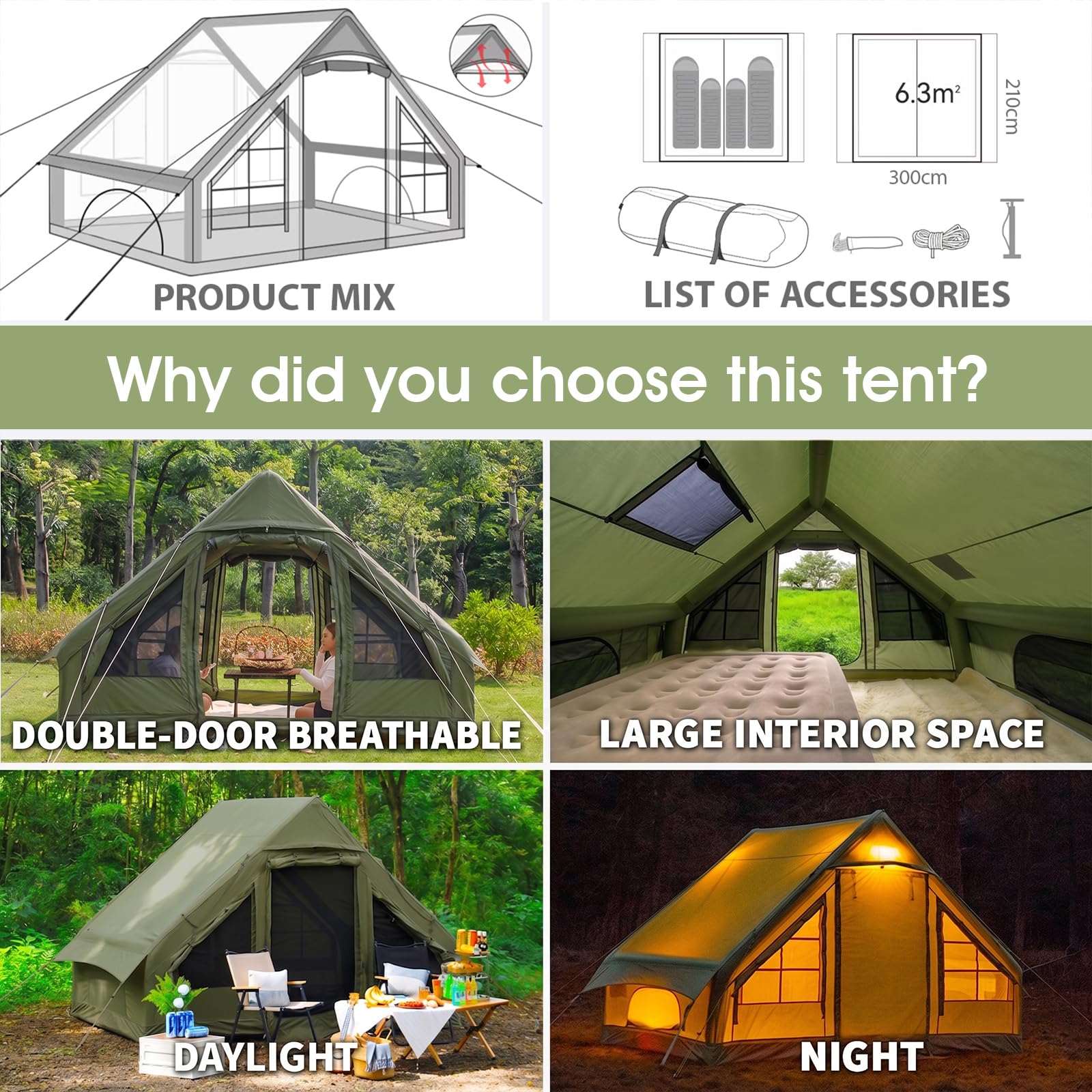9.8' x 7' Inflatable Tents for Camping 4-6 Person, 4 Season Blow Up Tent with Waterproof & Anti-Moisture Tarp, Luxury Inflatable Hot Tent with Stove Jack for Camping Outdoors