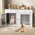 Dog Crate Furniture for 2 Dogs, 60" Farmhouse Dog Kennel Furniture with 2 Large Drawers, Indoor Dog Cage & TV Stand, Wooden Double Dog Crates for Small Medium Dogs, White