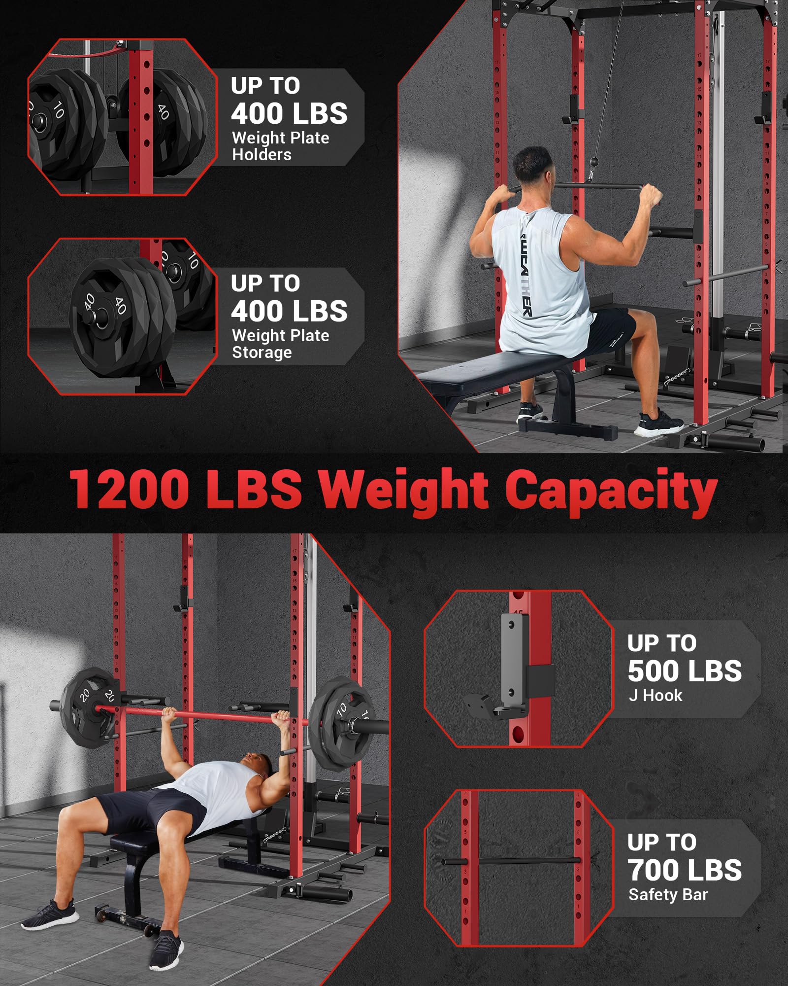 GarveeLife Power Cage, Power Racks for Home Gym with Pulley System, 1200 LBS Weight Capacity Multi-Functional Squat Rack for Strength Workout with More Training Attachment (Red D1002)