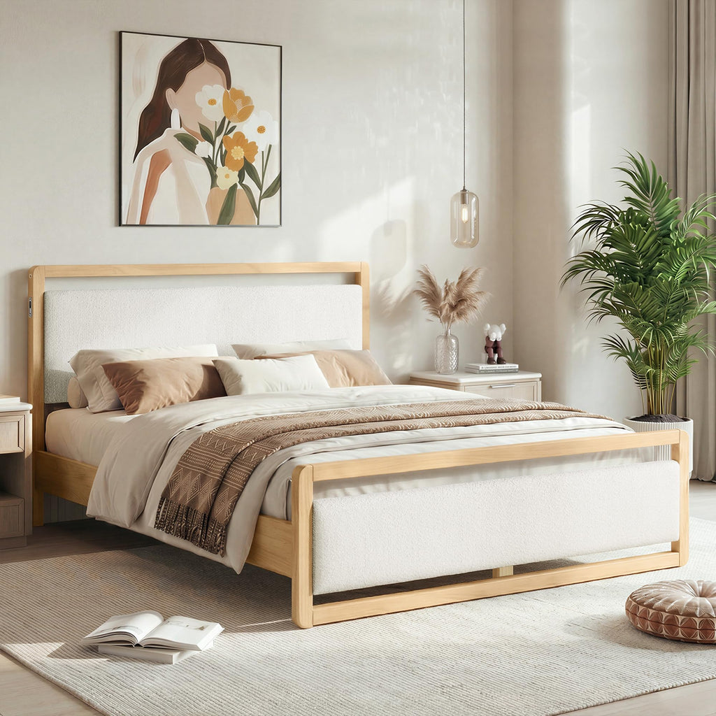 KISLOT Queen Wood Platform Bed Frame with Boucle Upholstered Headboard, Mid-Century Modern Bed with USB Charging Station, Solid Wood Slat Support, Noise-Free, No Box Spring Needed, Natural