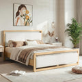 KISLOT Queen Wood Platform Bed Frame with Boucle Upholstered Headboard, Mid-Century Modern Bed with USB Charging Station, Solid Wood Slat Support, Noise-Free, No Box Spring Needed, Natural