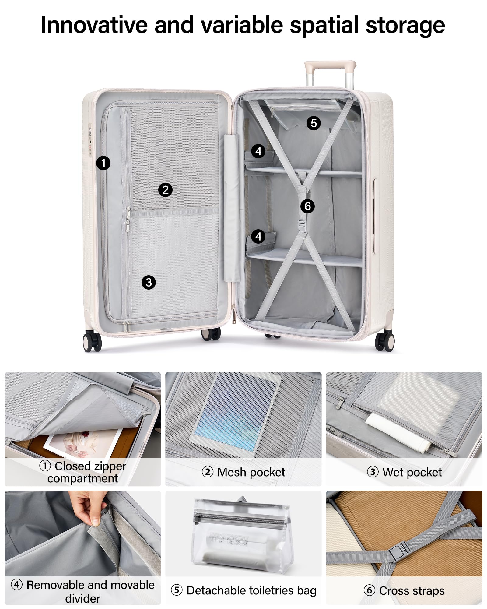 Hanke 24 Inch Plus Expandable Luggage Large Suitcases with Wheels, Medium Checked Luggage Hard Shell Suitcases, PC Trunk Luggage Extra Large Suitcase with Lock for Women Men(Ivory White)