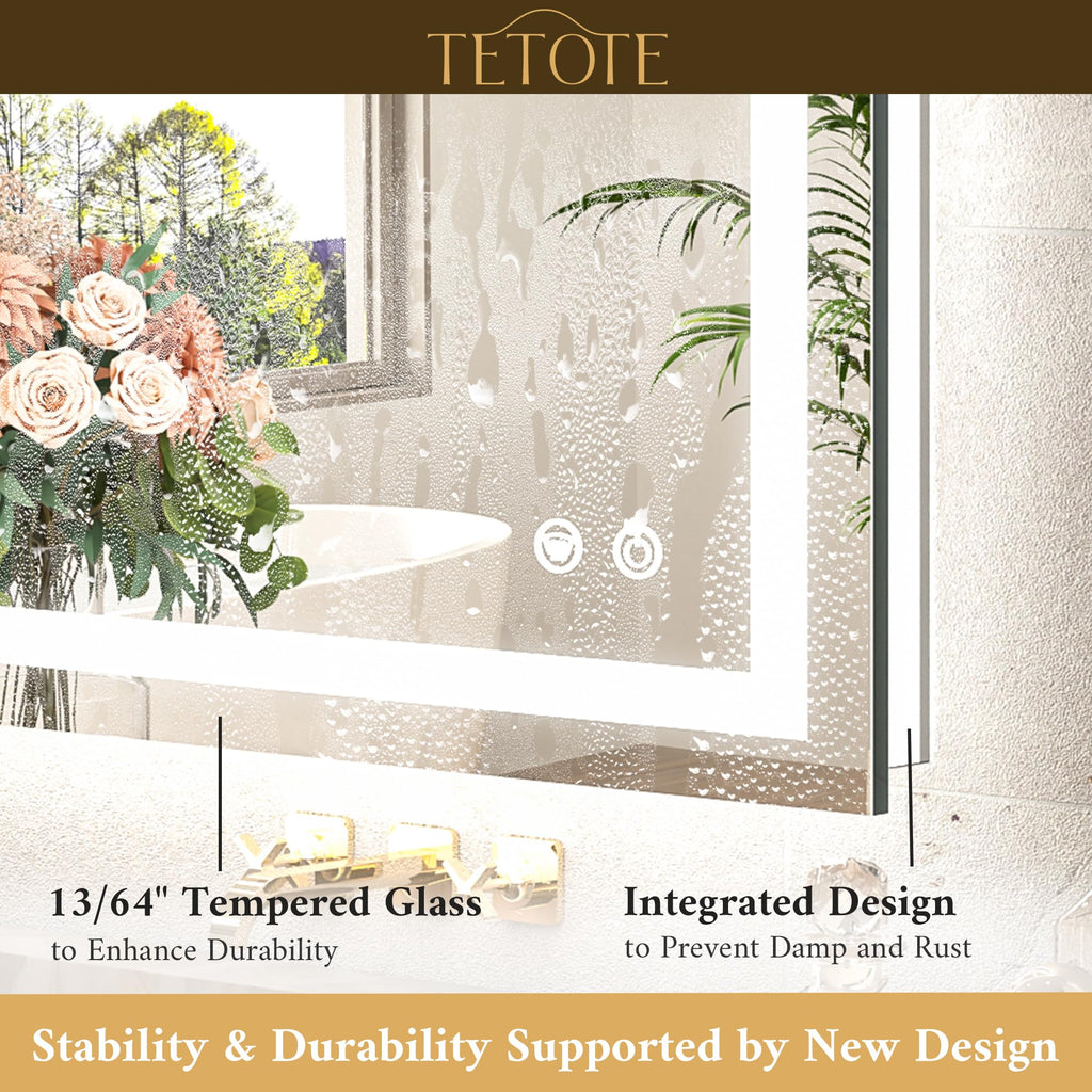 TETOTE 55 x 30 LED Bathroom Mirror with Frontlit and Backlit, Brighter Light up Bathroom Vanity Mirror with Lights, 3-Color Dimmable Lighted Vanity Anti Fog Mirror, Waterproof, Shatterproof