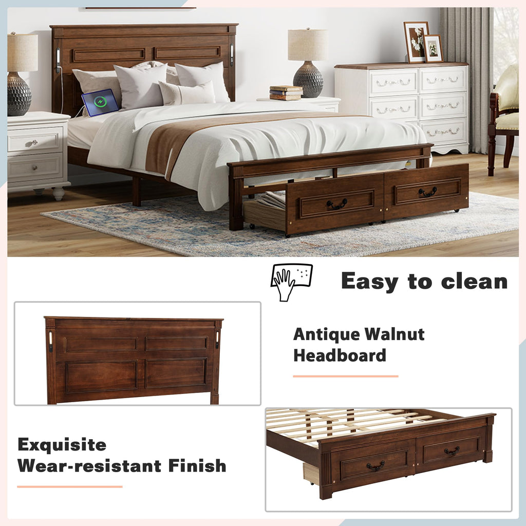 KEIKI Queen Size Farmhouse Bed Frame with 2 Storage Drawers & LED Lights & USB-C Charging Ports, Solid Wood Platform Bed with Tall Panel Headboard & Footboard, No Box Spring Needed, Walnut
