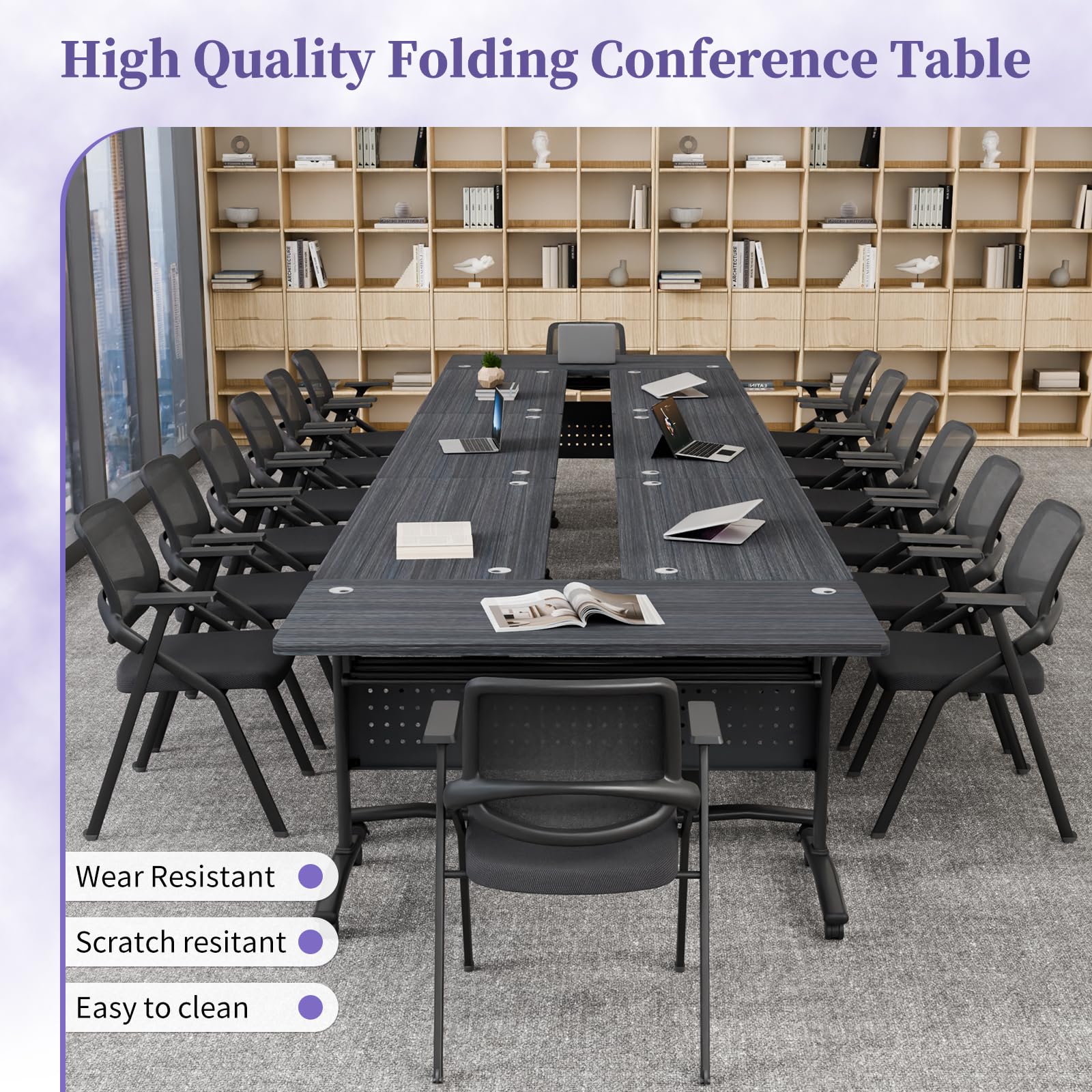 JNMDLAKO Folding Conference Room Table for 6-12 Person, Modular Mobile Large Flip-Top Training Table with Locking Wheels, Modern Rectangular Seminar Meeting Tables for Office (6, Black, 47.2in)