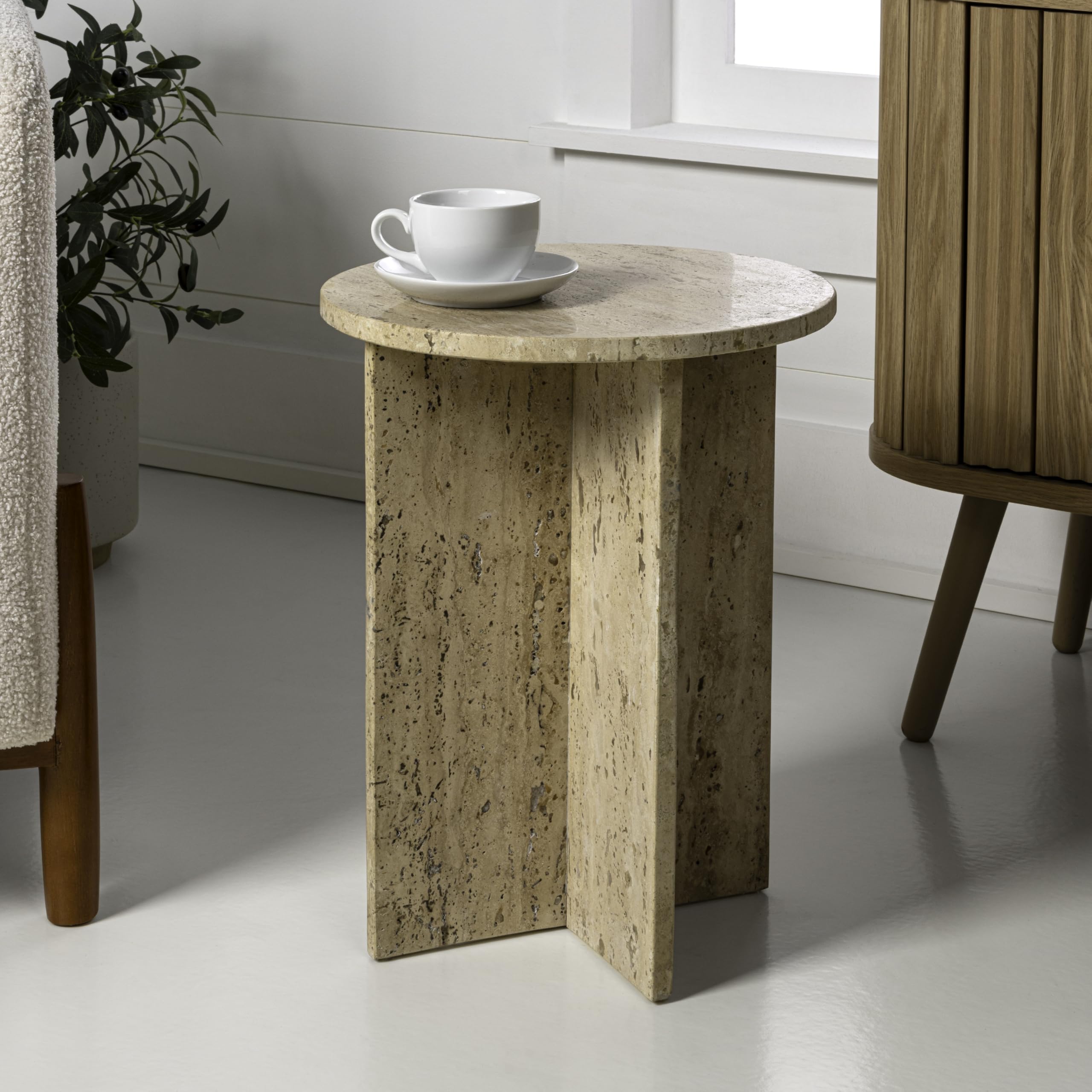 JONATHAN Y Javier Solid Travertine Marble End Table, 14-inch Round Modern Accent Side Table with Geometric Cross Base for Living Room, Bedroom, Glossy Natural Stone, Fully Assembled MTB1103C