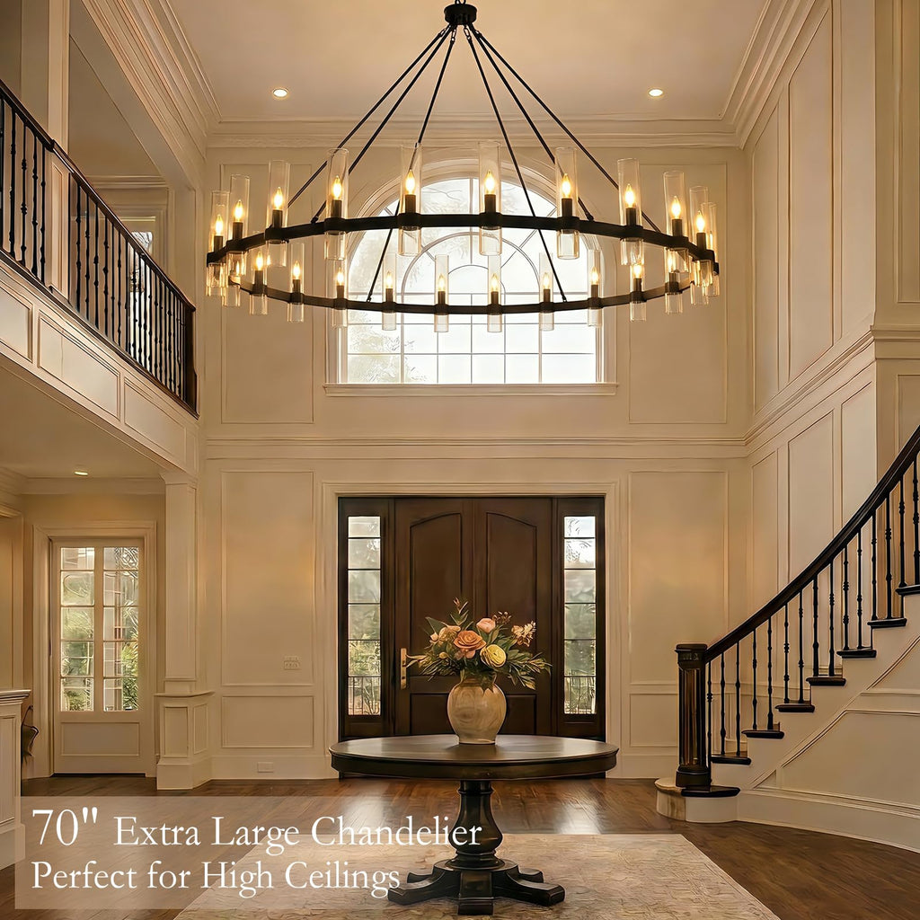 Black Wagon Wheel Chandelier 70 Inch, Large Chandeliers for High Ceilings, 24-Light Chandelier with Glass Shade, Modern Farmhouse Chandeliers for Living Room, Dining Room and Foyer(24 Bulbs Included)