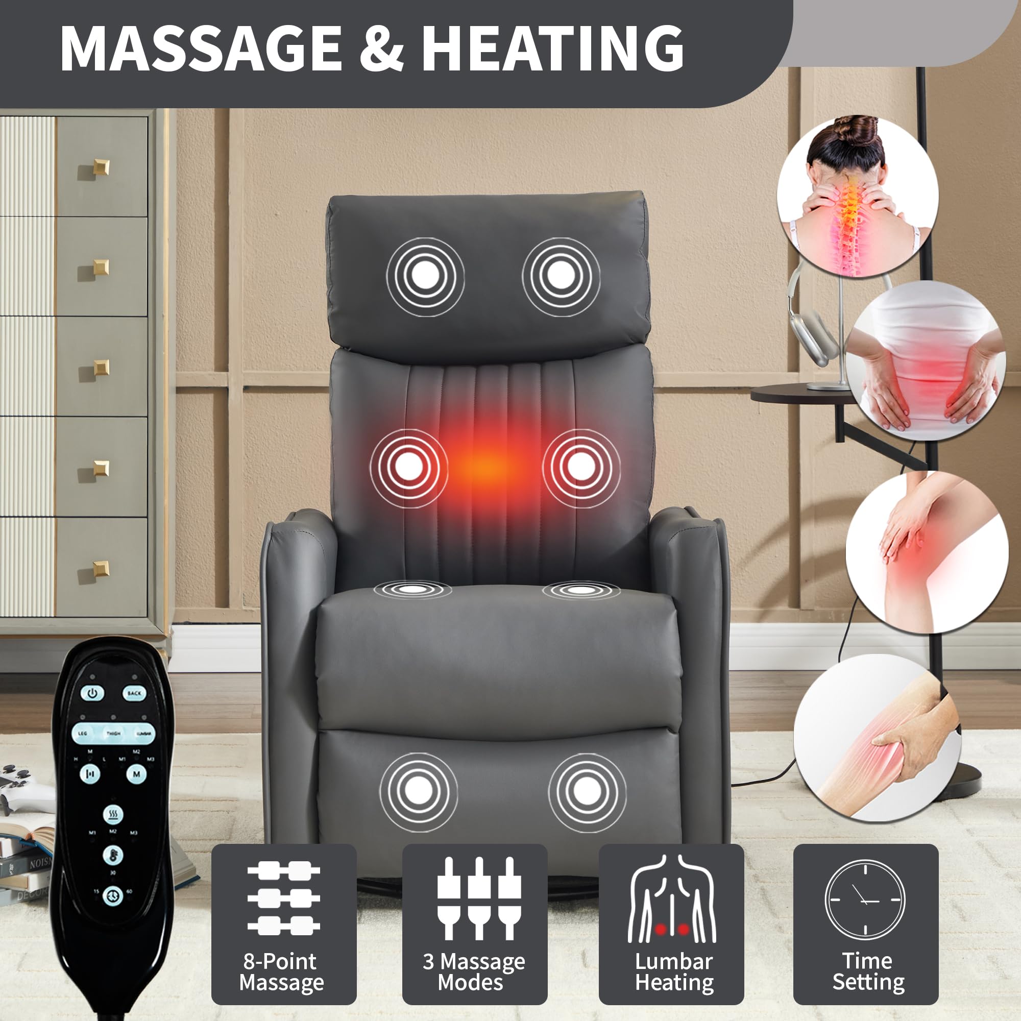 KEIKI 4-in-1 Manual Swivel Rocker Recliner Chair for Living Room, Faux Leather Nursery Glider Rocking Chairs with Back Massager & Heat, Built for RV Travel Living and Mobile Home, Grey