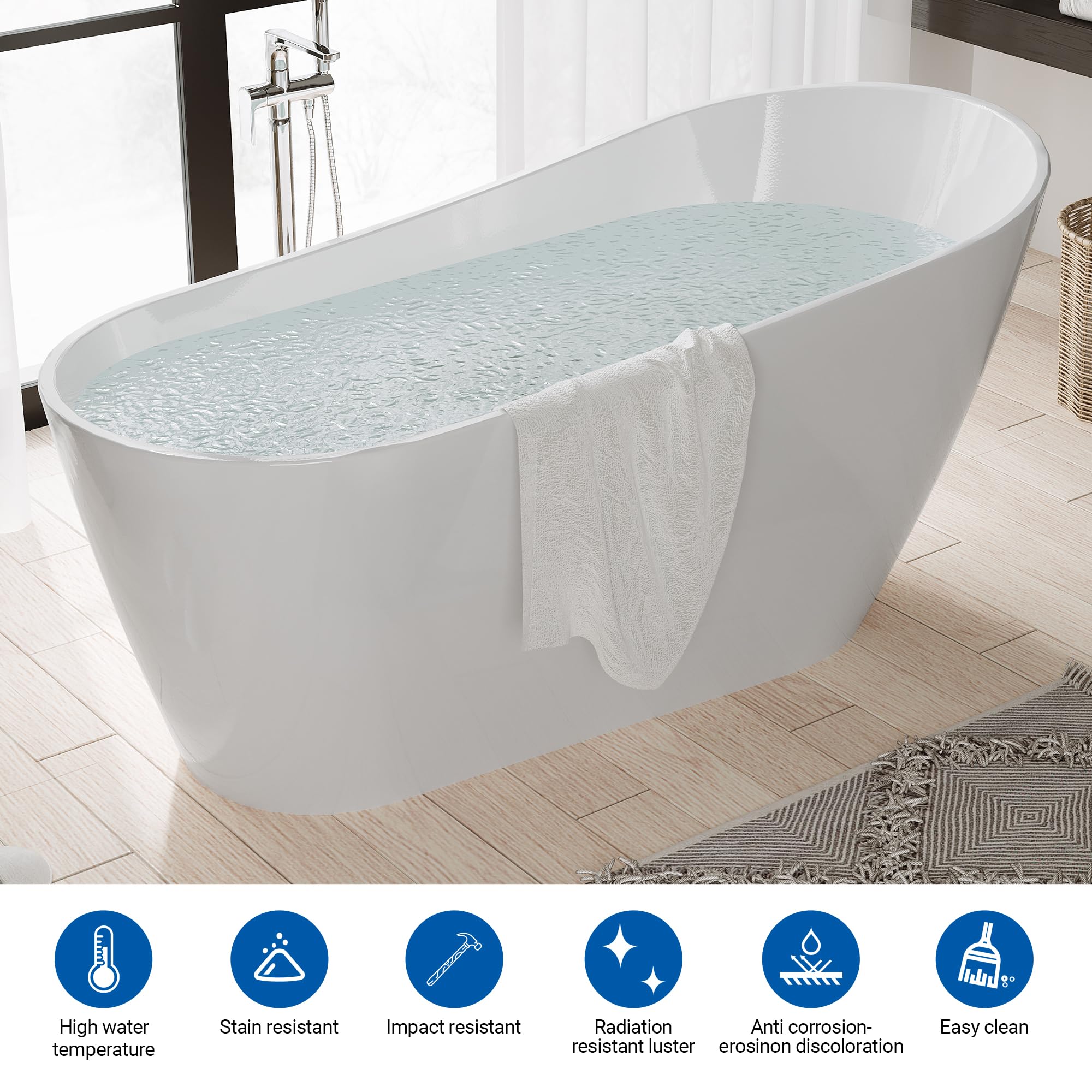 67" Acrylic Freestanding Bathtub, Modern Freestanding Tub with Chrome Drain & Overflow, Glossy White, Home Spa