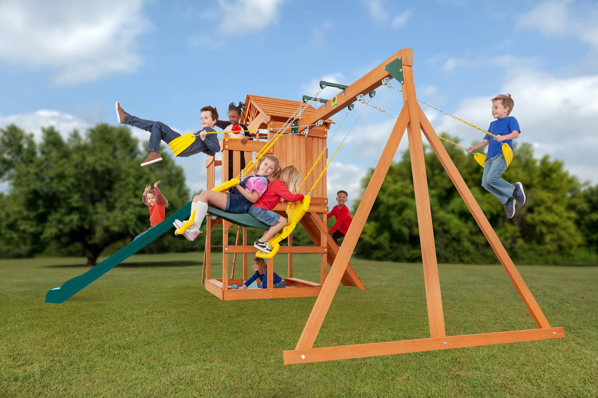 Timber Valley Cedar Backyard Playset | Multi | W:15'9" D:11'10" H:9'3" | 2-Person Glider, 2 Belt Swings & Green Slide | Kids Age 3-12 | DIY Outdoor Swingset | ASTM Standards | 10-Year Wood Warranty