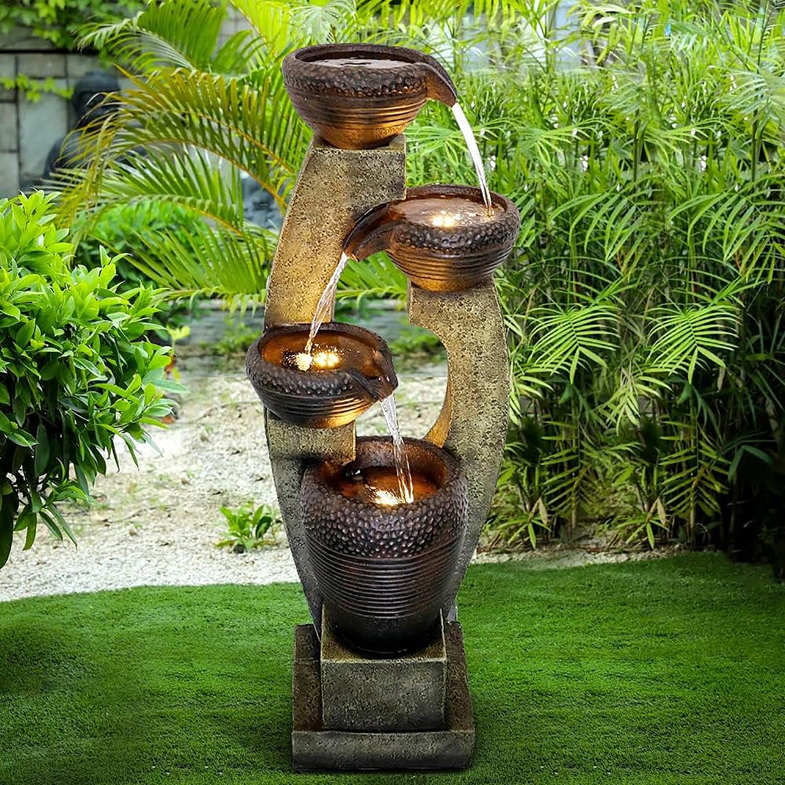 Naturefalls 40" Tall Outdoor Water Fountain and Waterfalls - Large Garden Fountain with LED Lights, 4-Tier Crocks, Indoor and Outdoor Fountains for Garden, Patio, Deck, Porch, Backyard and Home, Gray