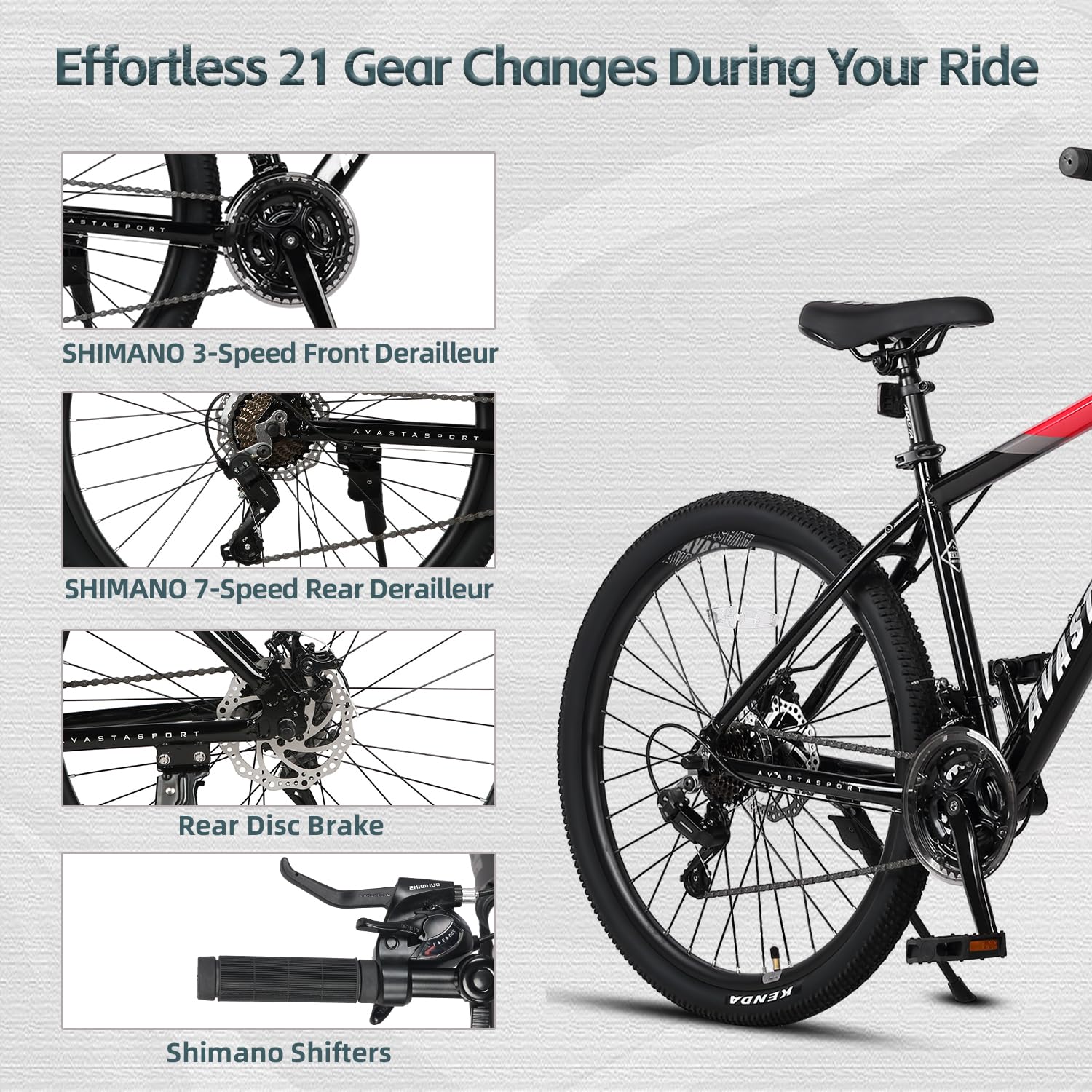 AVASTA 26-inch Mountain Bike for Man Male and Woman Female Adult with Lightweight Aluminum Alloy Frame and Dual Disc Brakes,Front Suspension,21-Speed Shimano Gear Shifters,Hidden Brake Cables,Red