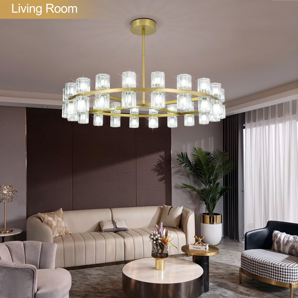 Leadtek 31.5 Inch Gold Wagon Wheel Chandelier, Modern Farmhouse Chandelier with K9 Crystal Chandelier Shade, for Dining Room Light Fixture, Kitchen Island, Entryway, Foyer