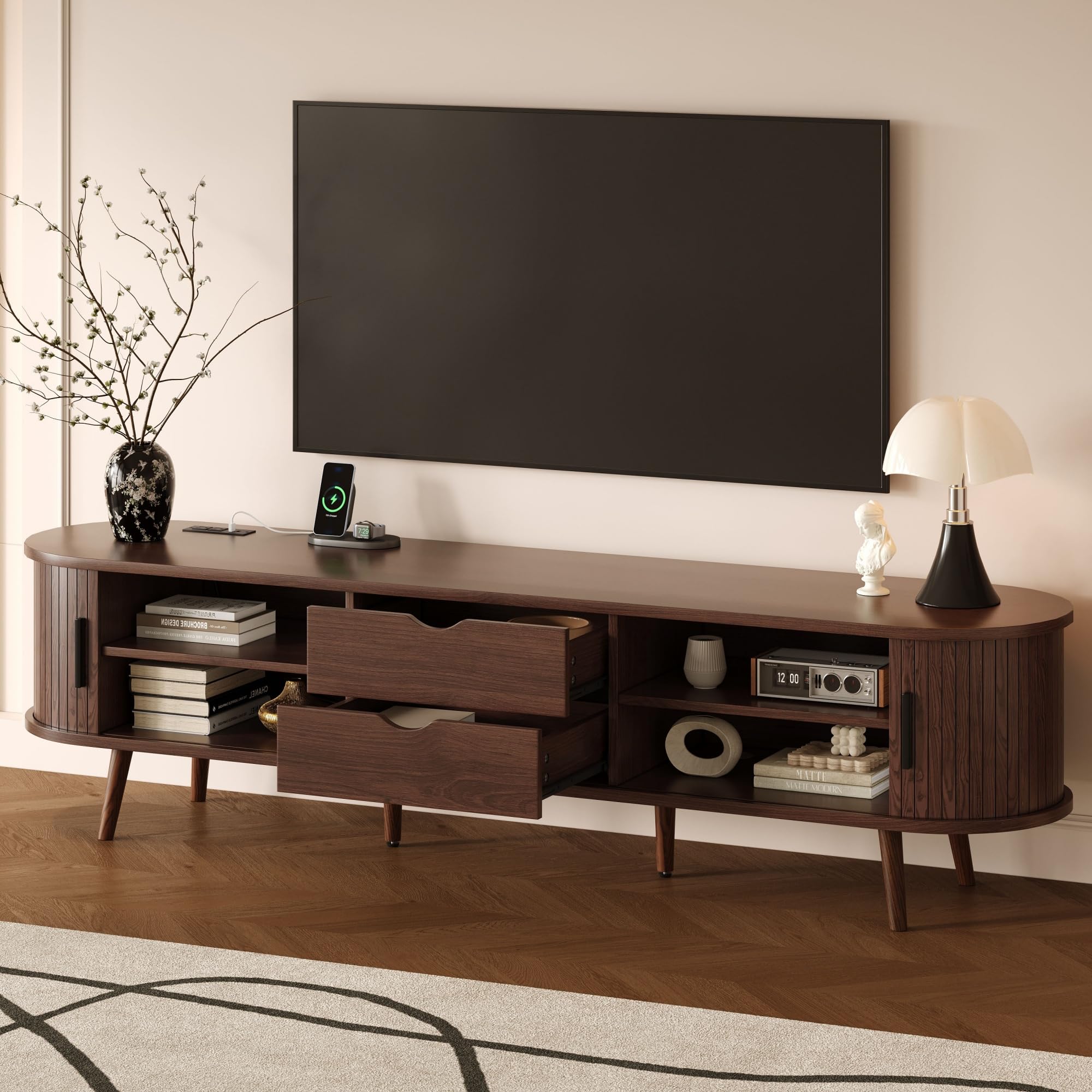 Merax 78'' Modern TV Stand for TVs up to 85 Inches, Entertainment Center with Fluted Glass Drawers & Cable Management, Solid Wood Legs, TV Console for Living Room, Walnut