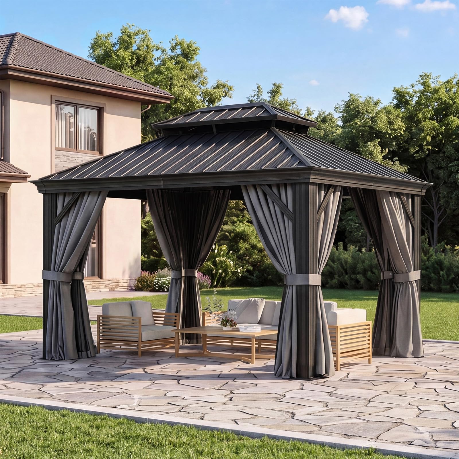 Aoxun 10' x 12' Outdoor Gazebo for Backyard, Hardtop Aluminum Gazebo with Metal Steel Double Roof, Pavilion with Netting and Curtains for Patio Deck Garden, Grey