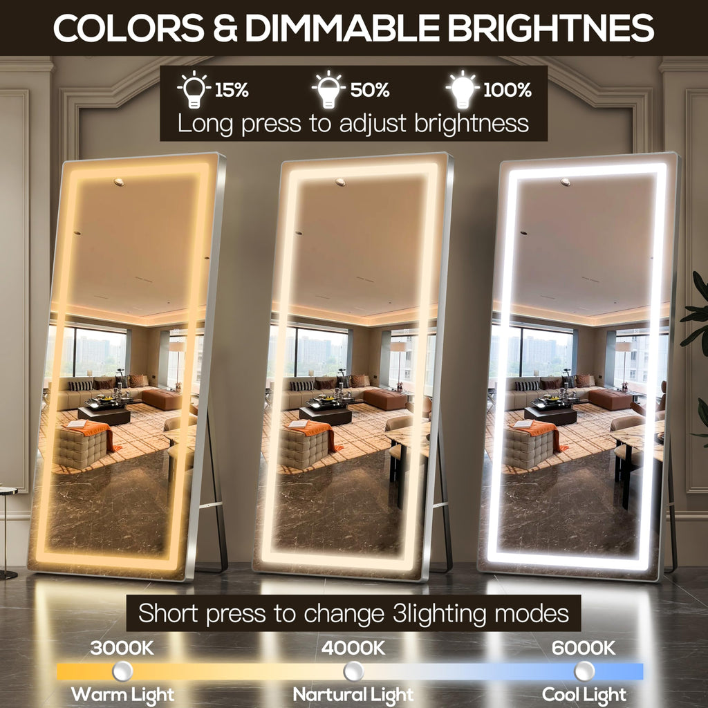 FENNIO 70" x 32" Large Luxury Wall Mounted Mirror with LED Lights - Full Length LED Lighted Full Body Dressing Mirror for Bedroom, Salon, Brushed Aluminum Frame, Tempered Glass