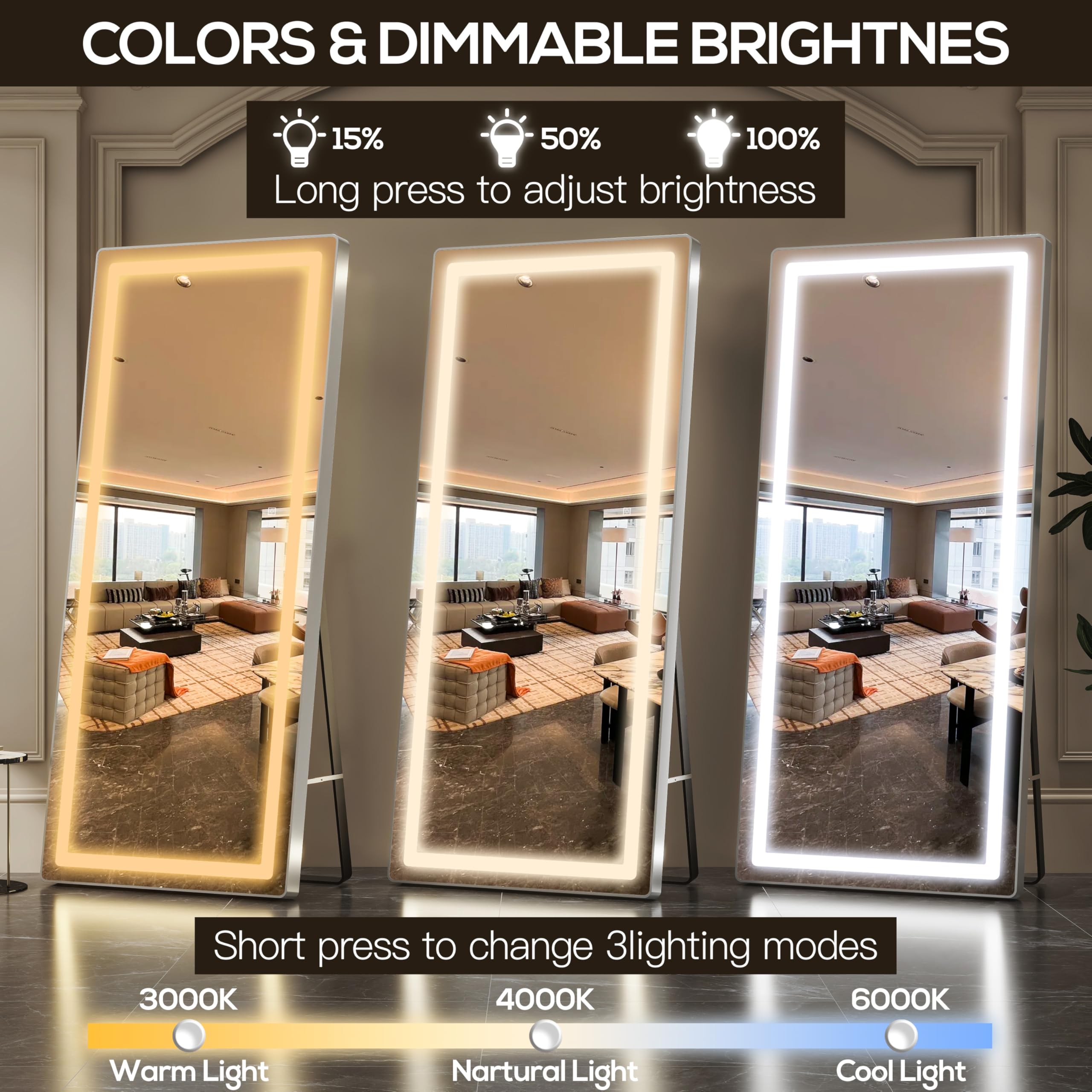 FENNIO 70" x 32" Large Luxury Wall Mounted Mirror with LED Lights - Full Length LED Lighted Full Body Dressing Mirror for Bedroom, Salon, Brushed Aluminum Frame, Tempered Glass