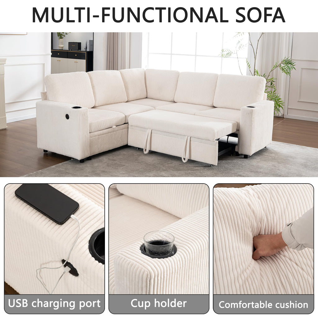 KEIKI 83" 4Seat Modular Sectional Sleeper Pull Out Bed Corduroy Sofa Couch with Chaise Storage Reversible USB Cup Holders for Modern Home Home Office Family Friendly Refined Design White