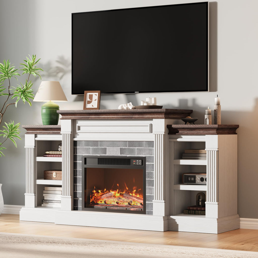 GarveeLife 71 Inch Electric Fireplace with Mantel, Fireplace TV Stand for TVs Up to 80 Inch, Modern Entertainment Center with Storage, Stacked Stone Surround with Remote Control 3D Flame, White