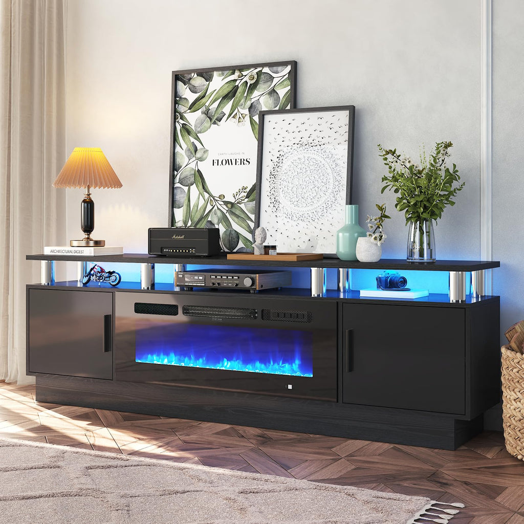 OneBlis 70" TV Stand for Living Room, Modern Entertainment Center & Media Console, Fits TVs up to 80", Storage Cabinet with Shelves, 36" Electric Fireplace with LED Flame (All Black)