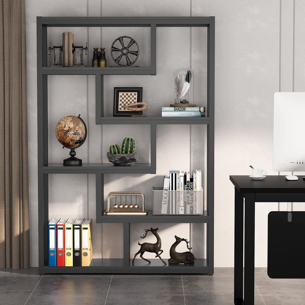 Tribesigns Way to Origin 6-Shelf Modern Bookshelf Set of 2, Industrial Etagere Bookcase, 69-Inch Tall Storage Display Staggered Shelves with Sturdy Metal Frame, Black