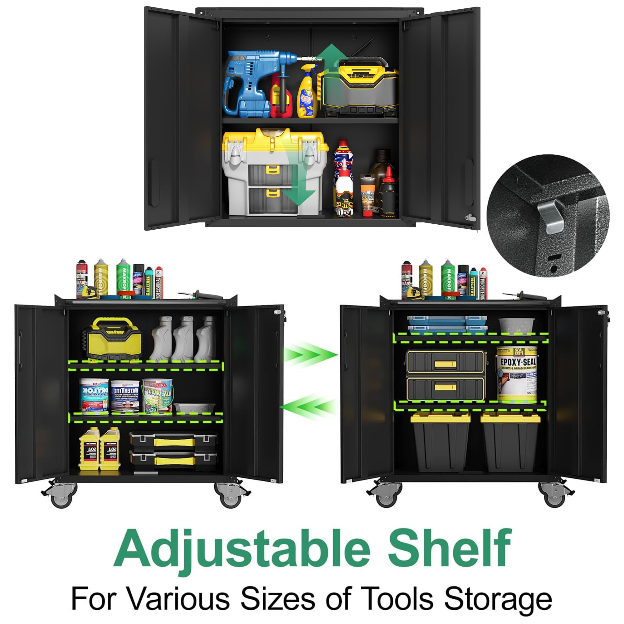 VIYET Metal Tool Cabinet,Garage Storage Cabinet System,Wall Cabinet & Locking Rolling Tool Cabinet with Doors and Adjustable Shelves,Steel Tool Cabinets for Home