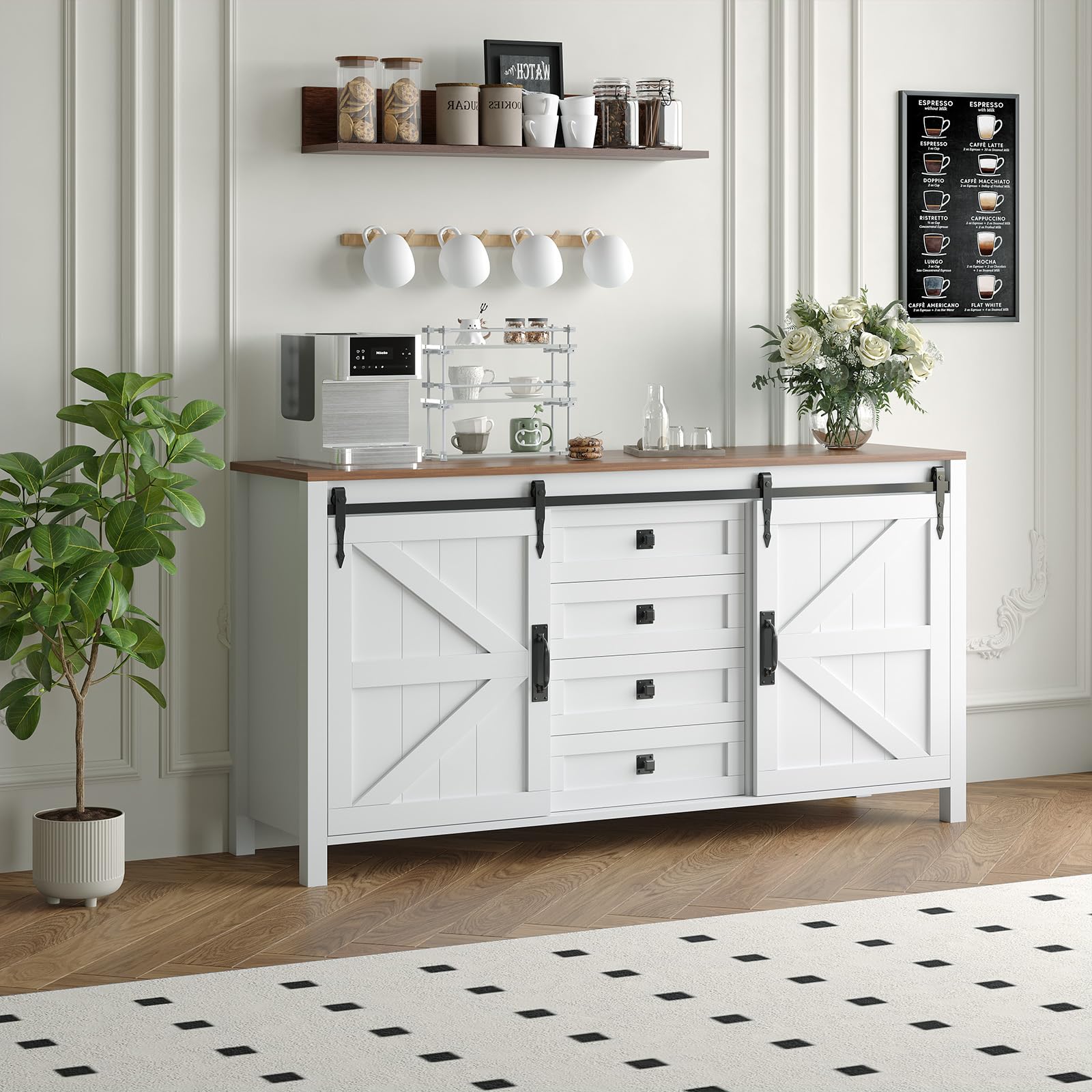 60" Farmhouse Sideboard Buffet Cabinet with Sliding Barn Doors & 4 Drawers, White Kitchen Cabinet with Storage for Dining Room, Coffee Bar, 31.5" Tall Wooden Sideboard TV Stand Console Table