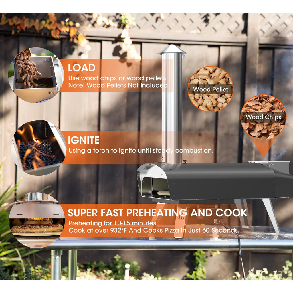 Mimiuo Outdoor Pizza Oven Wood Pellet Fired Pizza Stove with Automatic Rotating Stone, Heavy Duty Pizza Stove for Backyard Camping, Bakes Pizza in 60 Seconds, Includes Pizza Stone, Peel & Cover