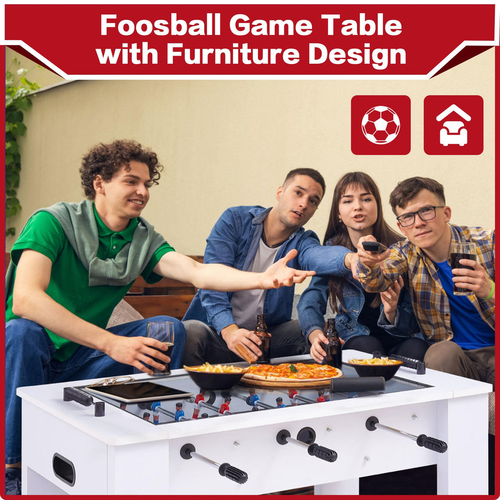 RAYKEEP Foosball Coffee Table, 2-in-1 Soccer Game Table and Coffee Table, Modern Multi Game Table with 2 Balls, Tempered Glass, for Living Room, Family Entertainment Center (White)