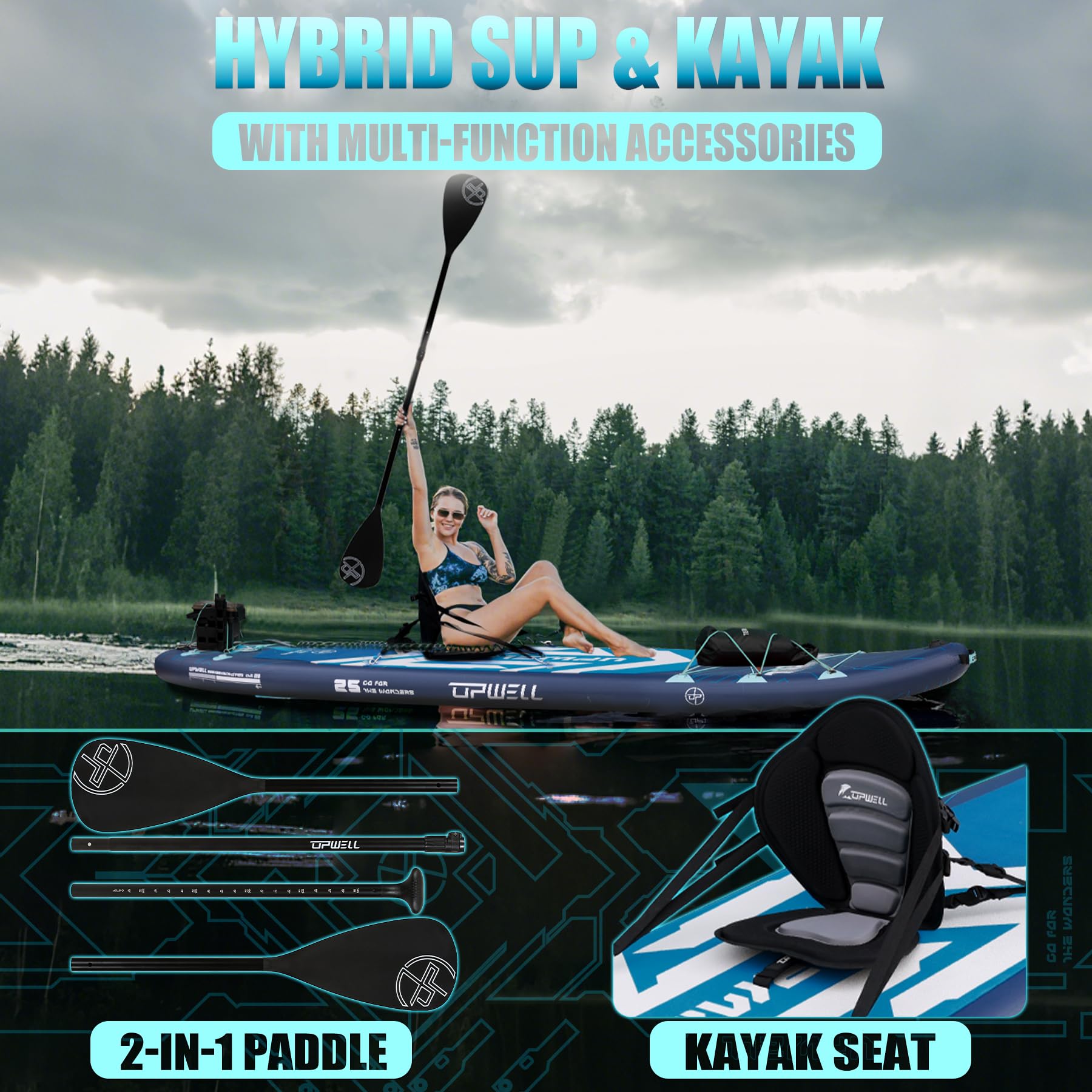 UPWELL 11'6"×35" Extra Wide Inflatable Paddle Board, Stand Up Paddle Board with Kayak Seat, Sup Paddle Boards for Adults, Chipmech Blue