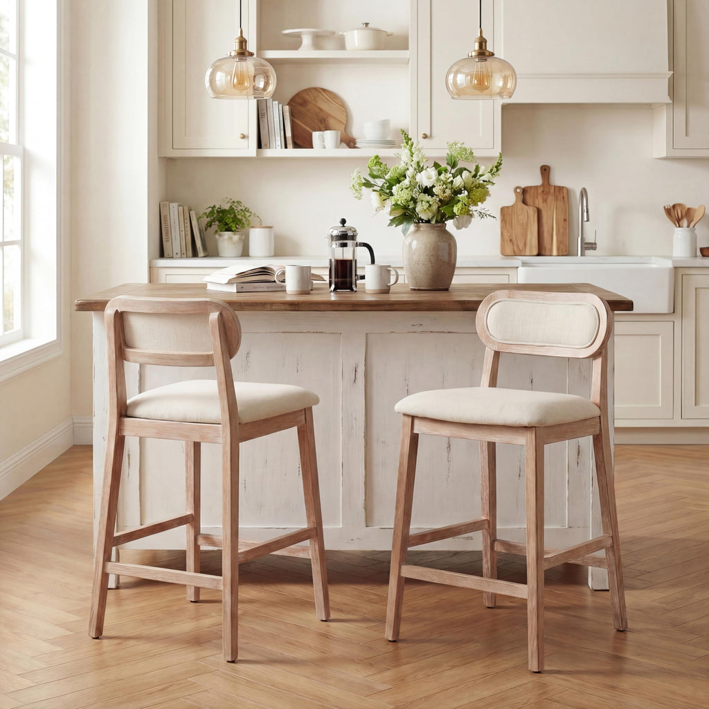 Christopher Knight Home Kaylin Modern Counter Height Bar Stools Set of 2, Upholstered Bar Stool for Kitchen Island, Rubberwood Dining Room Chair, Counter Stool with Footrest, Natural+Beige