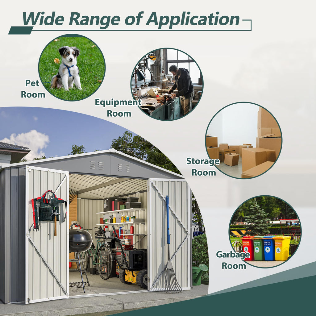 YOPTO 10X10 FT Outdoor Storage Shed,Metal Shed W/Lockable Doors,Air Vents & Sloped Roof,Garden Tool House W/Updated Frame Structure,for Backyard Patio Lawn,Gray