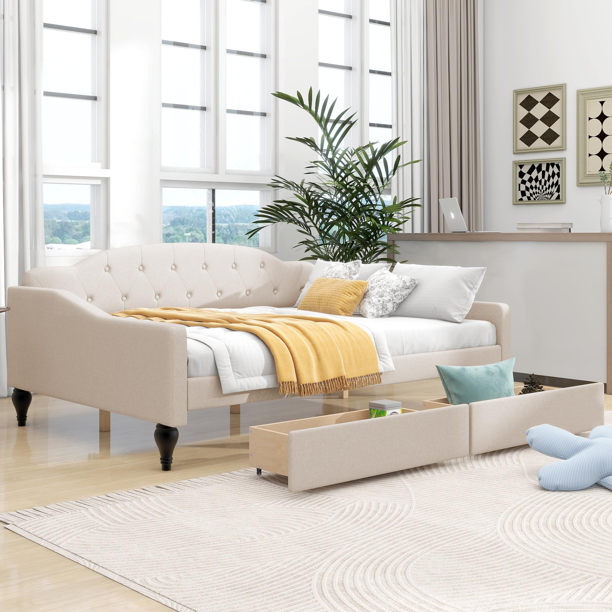 Acosure Full Size Upholstered Tufted Daybed with Two Storage Drawers,Linen Sofa Bed,Easy Assemble & No Box Spring Needed,Perfect for Small Space,Bedroom,Livingroom,Guest Room, Beige
