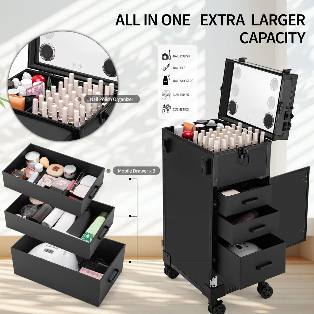 ZhenGuiRu Portable Manicure Table 3 Drawers, Rolling Lockable Makeup Train Case with Blueteeth Speaker and Nail Polish Organizer, Foldable Nail Desk with Mirror & TSA Lock for Nail Tech and Salon Use