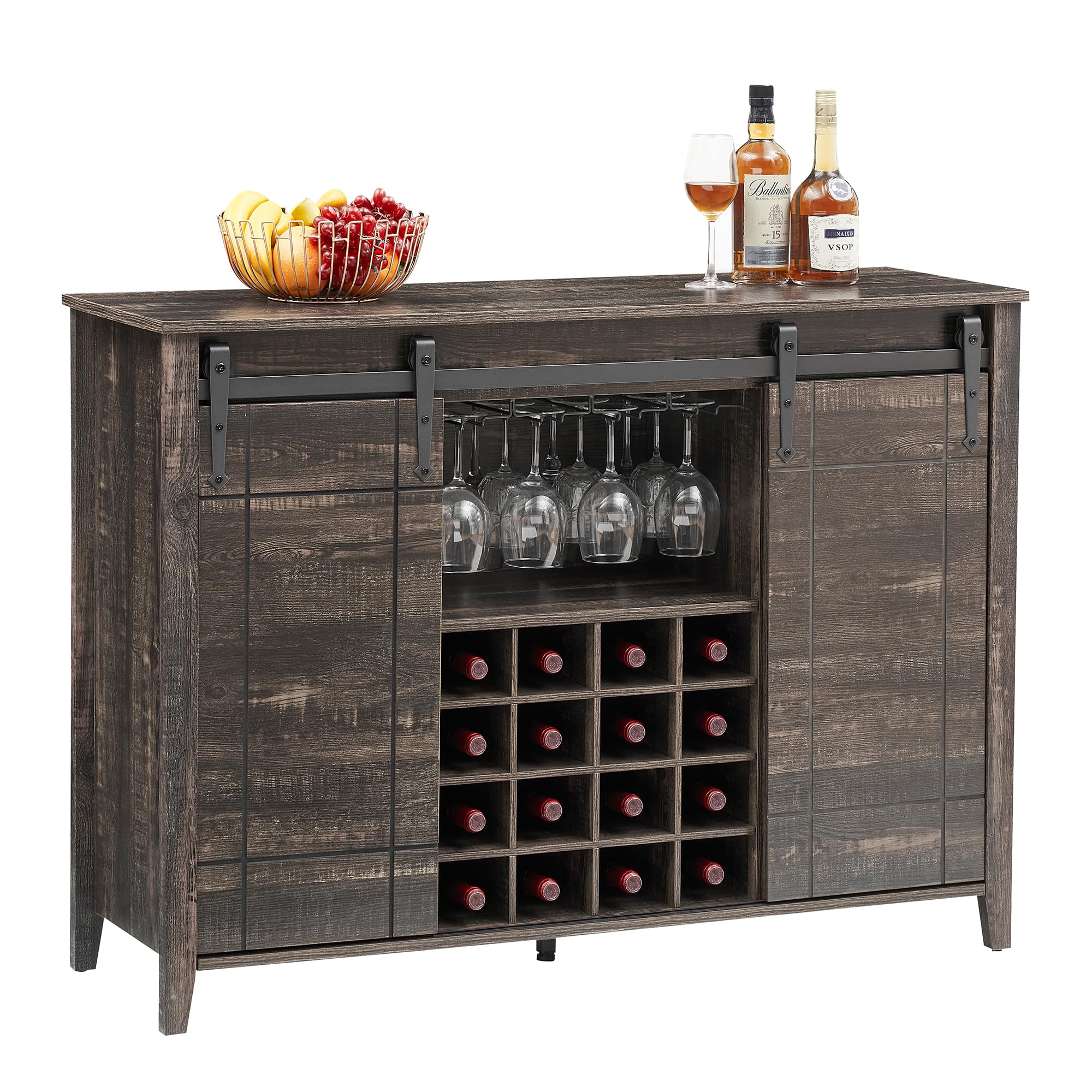 IDEALHOUSE Wine Bar Cabinet,Coffee Bar Cabinet,Farmhouse Liquor Station,Rustic Buffet Sideboard with Sliding Barn Doors,Wine & Glass Racks,Adjustable Shelves,for Living Room,Kitchen,Entryway(Fire)