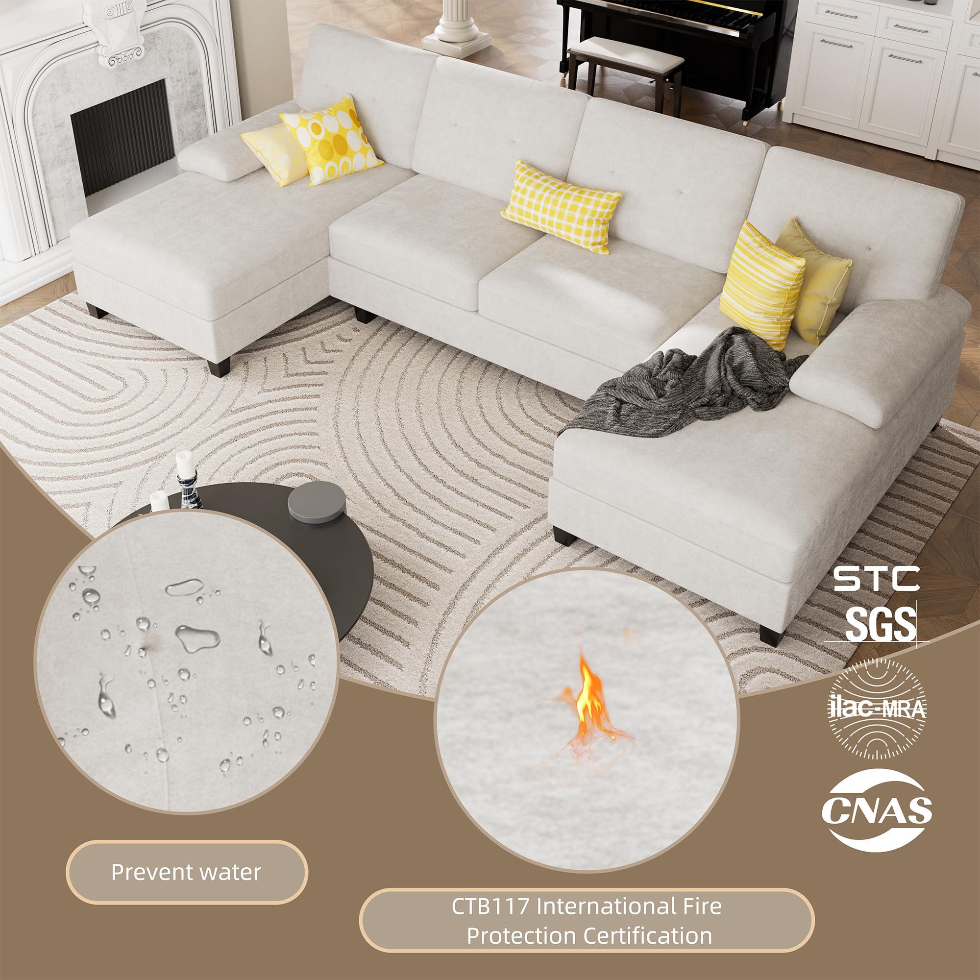 U-Shaped Sectional Couches for Living Room, 4 Seat Sofa with Double Chaise Lounges,Solid Wood Frame Sectional Sofa for Apartment,White