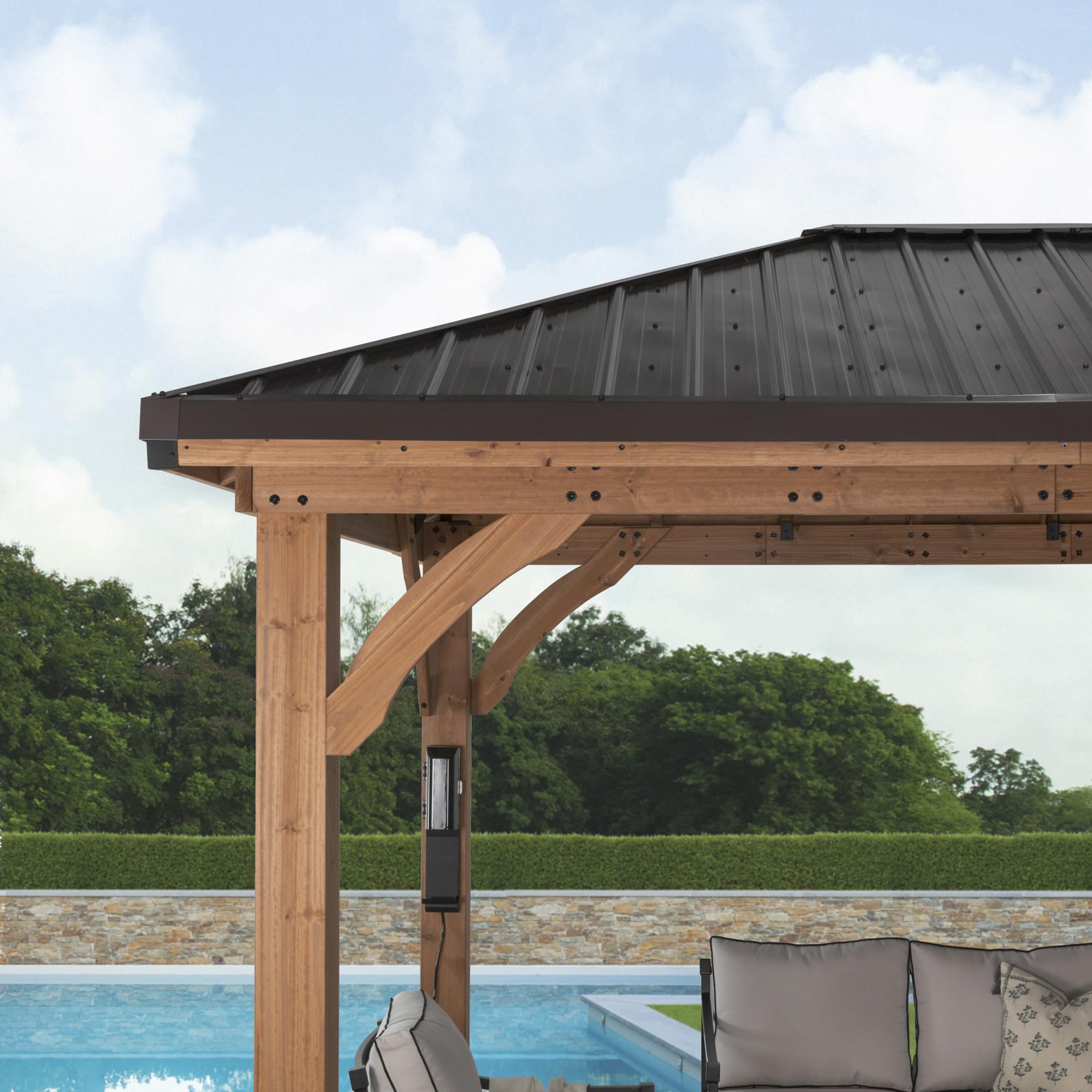 Backyard Discovery Barrington 12' x 12' Cedar Wood Outdoor Gazebo Pavilion with Hardtop Galvanized Steel Hip Roof, Snow Support, Wind Resistance, PowerPort, Shade for Garden, Patio, Deck, Entertaining