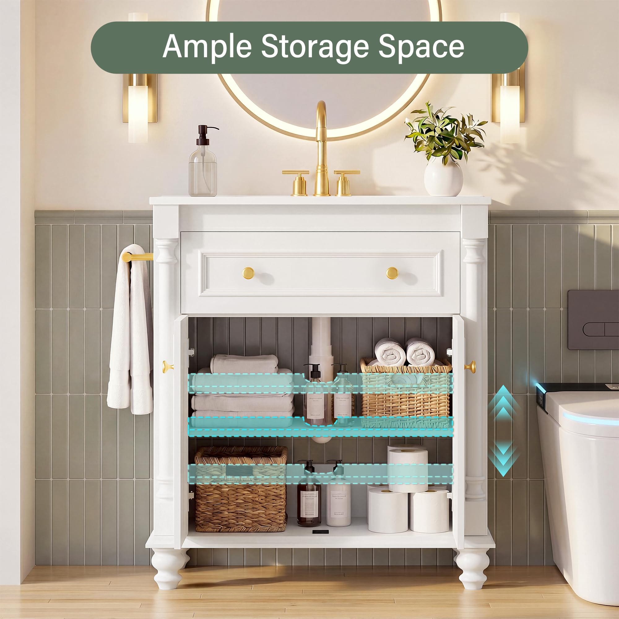 YESHOMY 30" Bathroom Vanity with Sink, Freestanding Bathroom Vanity with Integrated Ceramic Basin, 1 Flip-Down Drawer, 2 Doors & Adjustable Shelf, Bathroom Storage Cabinet with Sink Combo Set, White