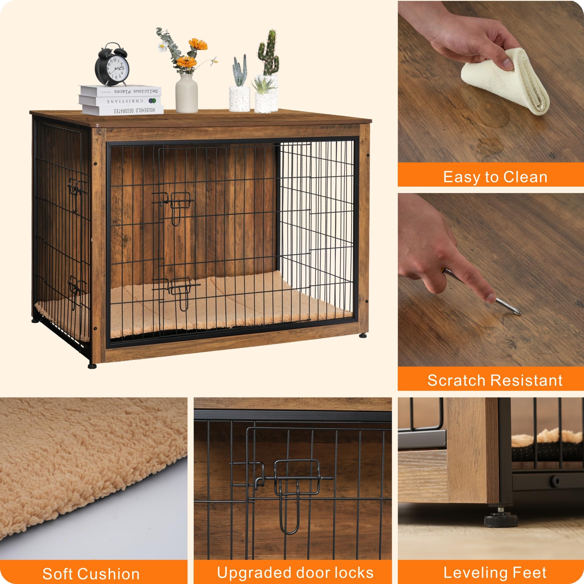 DWANTON Dog Crate Furniture with Cushion, Wooden Kennel Table with Double Doors, Indoor Dog House, Extra Large, 43.3" L, Warm Brown