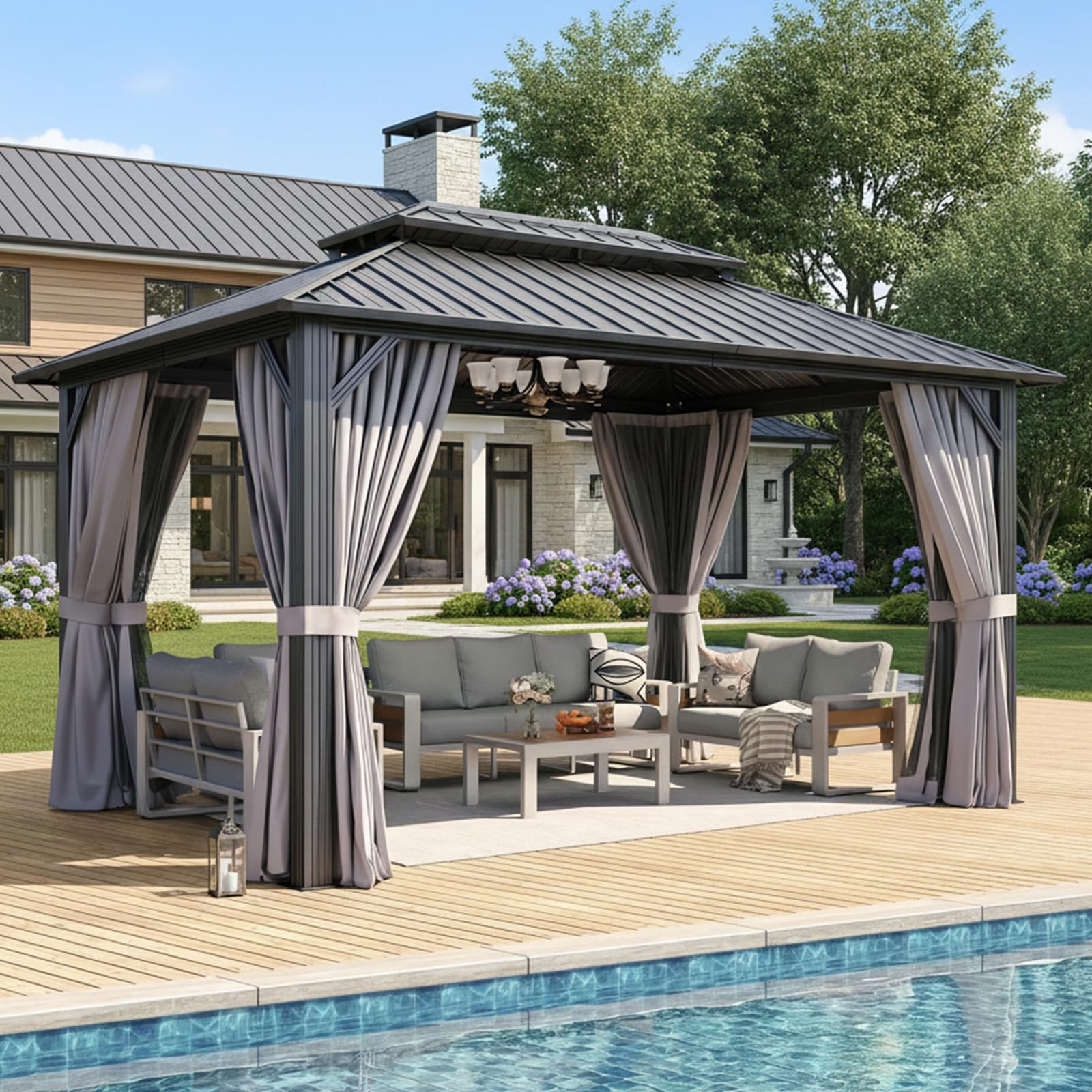 Aoxun 10'x14' Hardtop Gazebo, Aluminum Frame Canopy with Double Galvanized Steel Roof, Outdoor Metal Pavilion with Netting, Curtains for Backyard, Patio and Deck